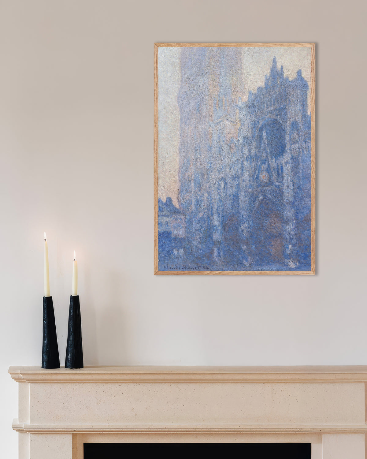 Poster of Rouen Cathedral Façade and Tour d'Albane, Morning Effect (1894) by Claude Monet, with natural wooden frame
