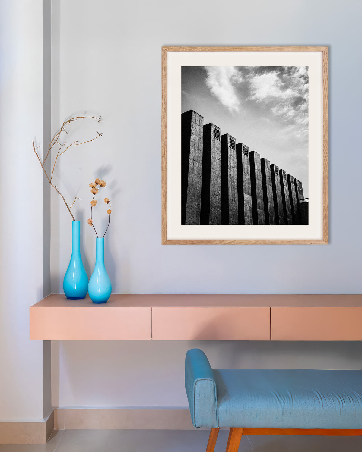 Poster of Row of Dark Fins and Clouds, with natural wooden frame