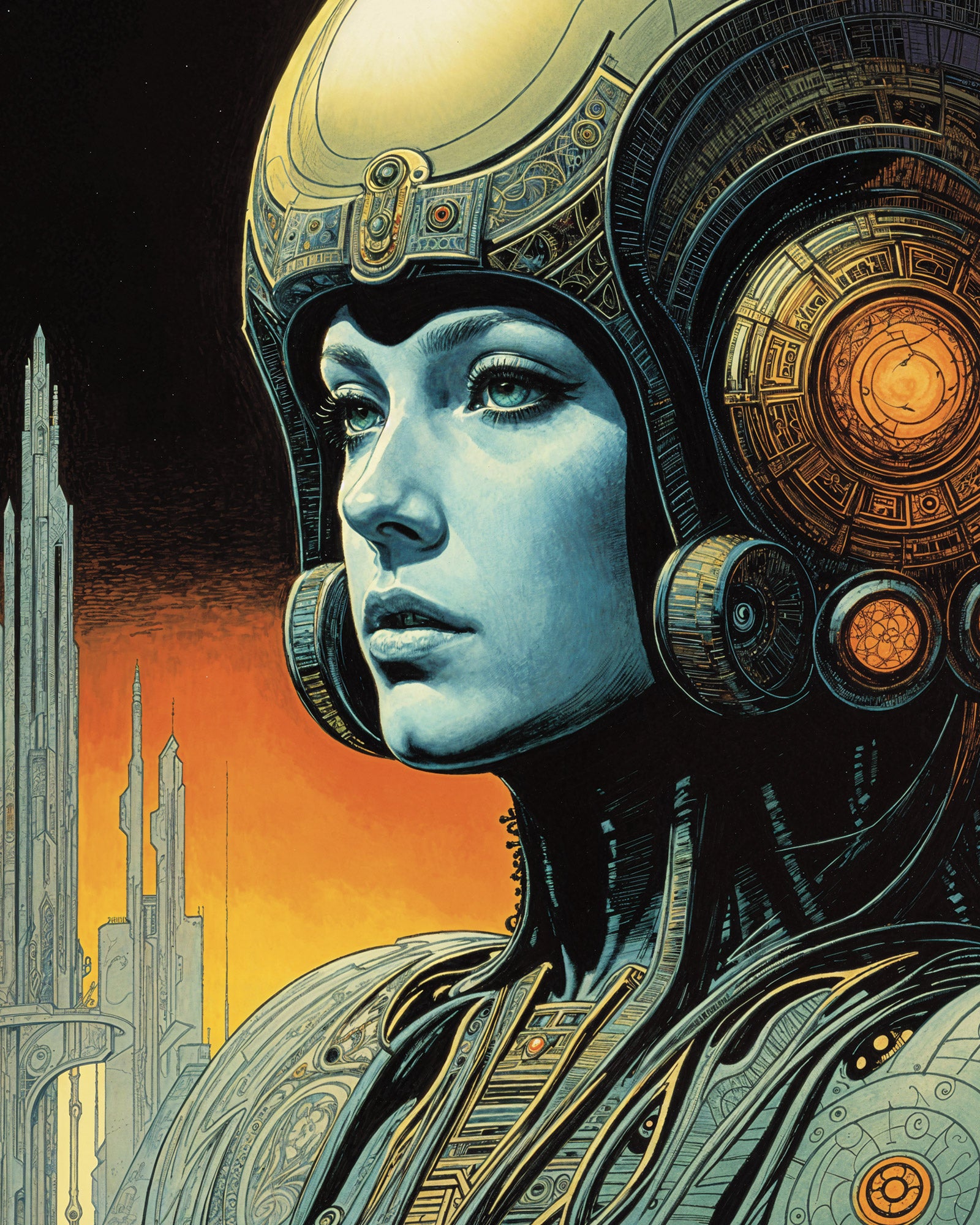Artistic depiction of a futuristic helmet with intricate designs against a sunset sky.