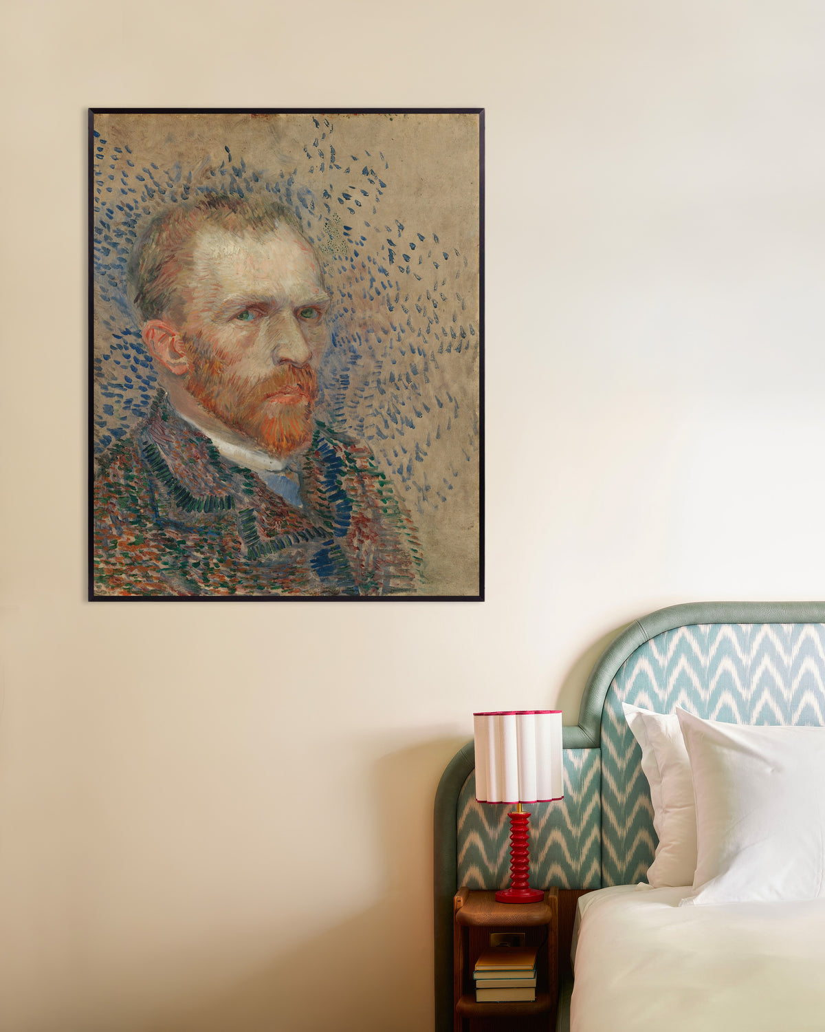 Poster of Self-Portrait with Blue Dashes (1887) by Vincent van Gogh, with metal frame