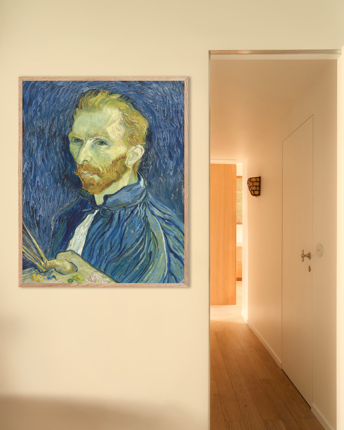 Poster of Self-Portrait with Palette (1889) by Vincent van Gogh, with natural wooden frame