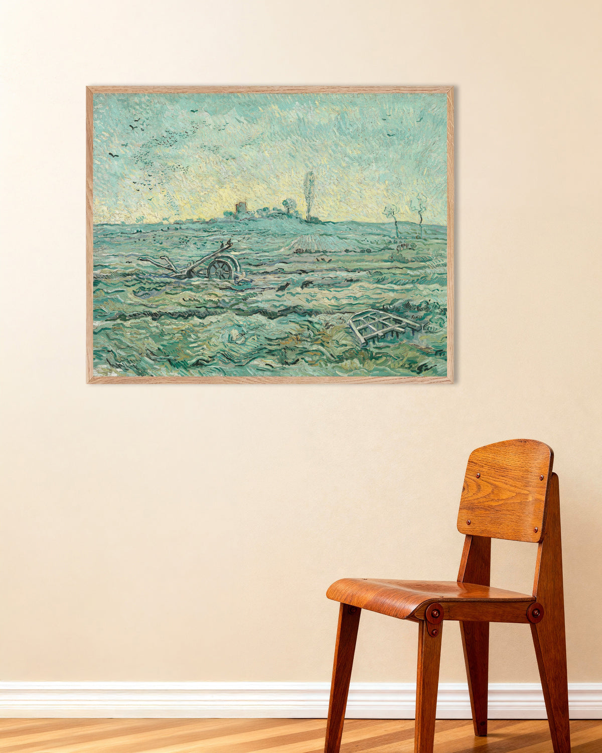 Poster of Snow-Covered Field with a Harrow, after Millet (1890) by Vincent van Gogh, with natural wooden frame