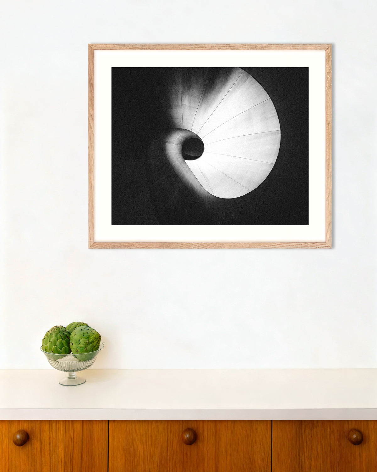 Poster of Spiral Staircase From Below, with natural wooden frame