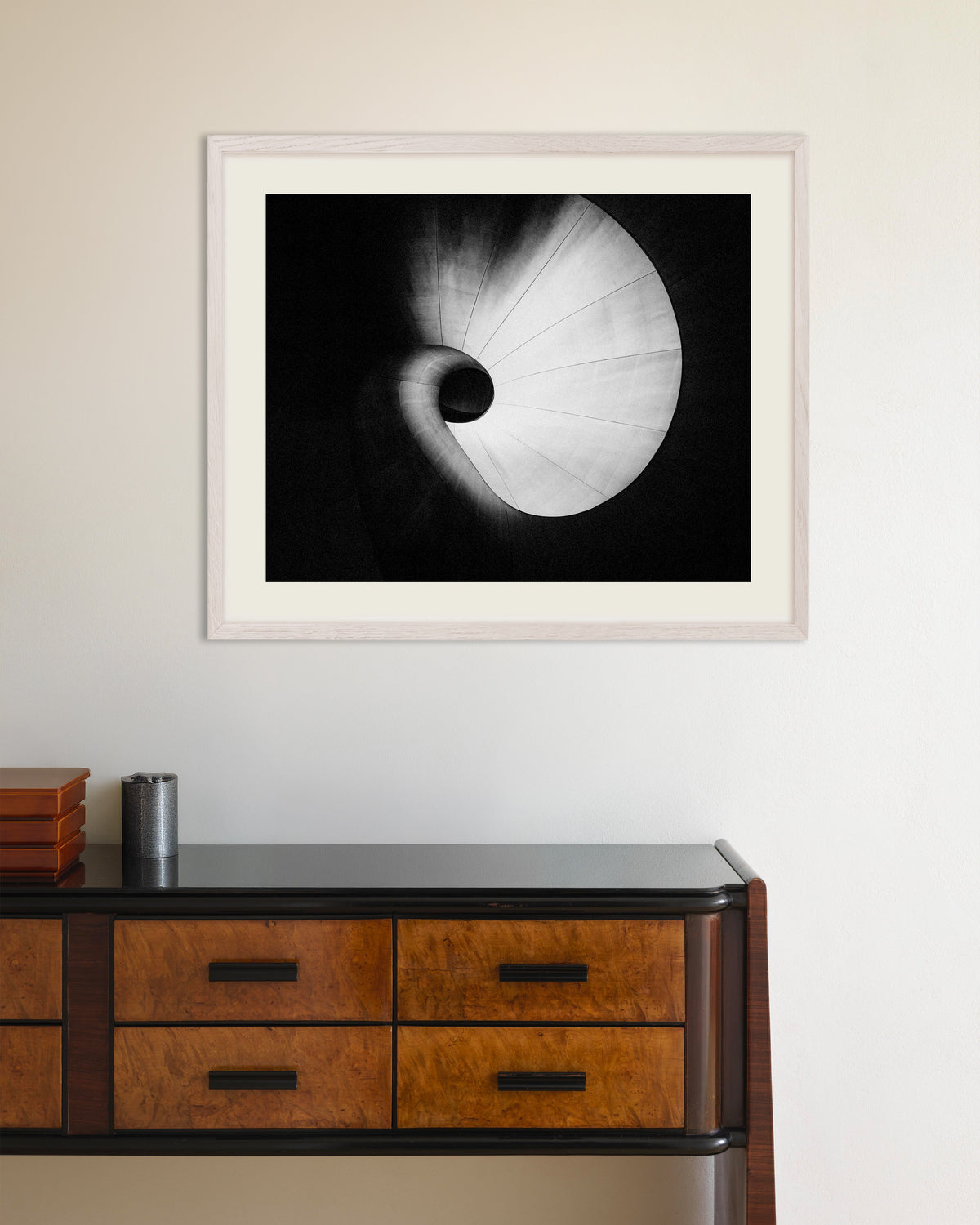 Poster of Spiral Staircase From Below, with white wooden frame