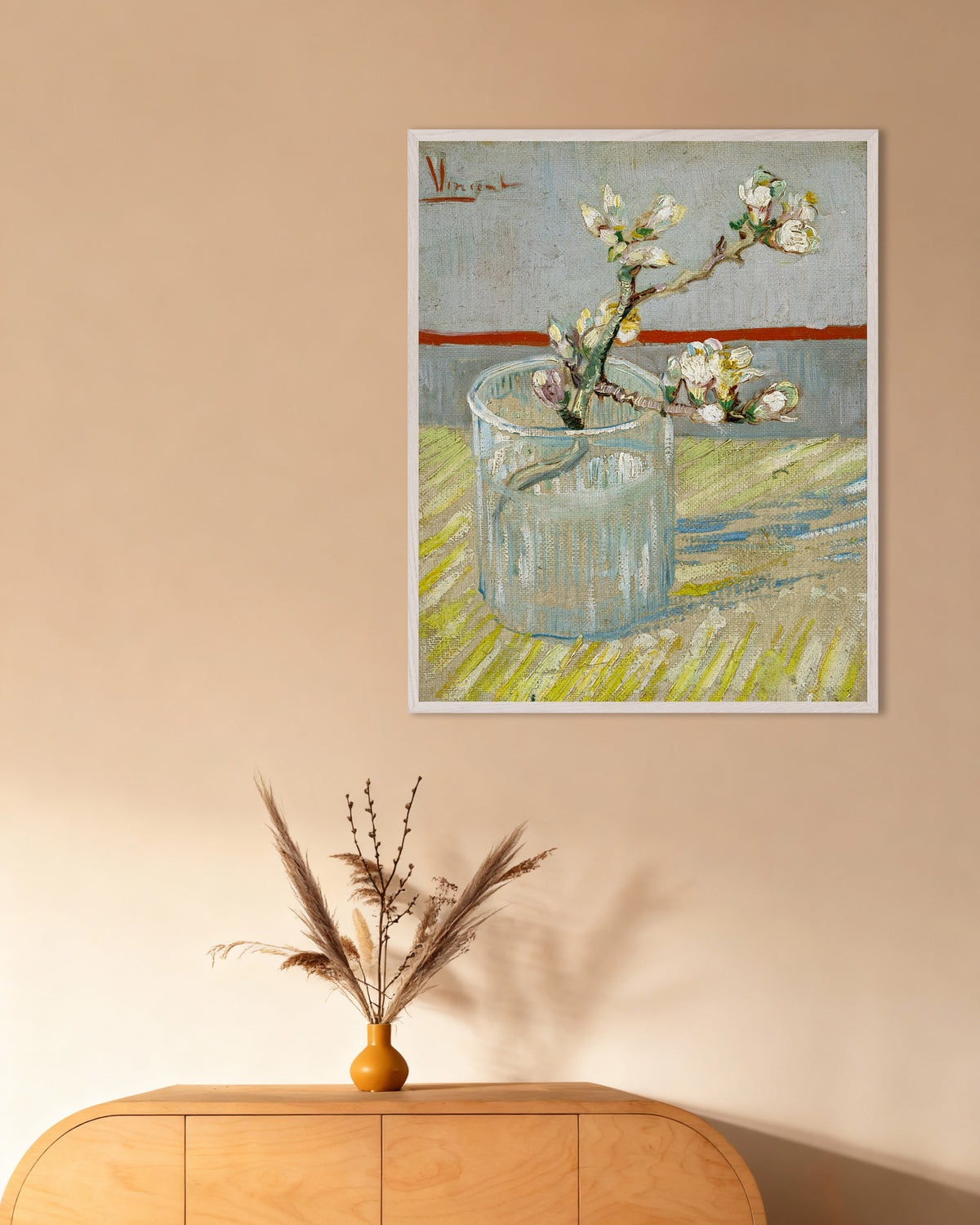 Poster of Sprig of Flowering Almond in a Glass (1888) by Vincent van Gogh, with white wooden frame