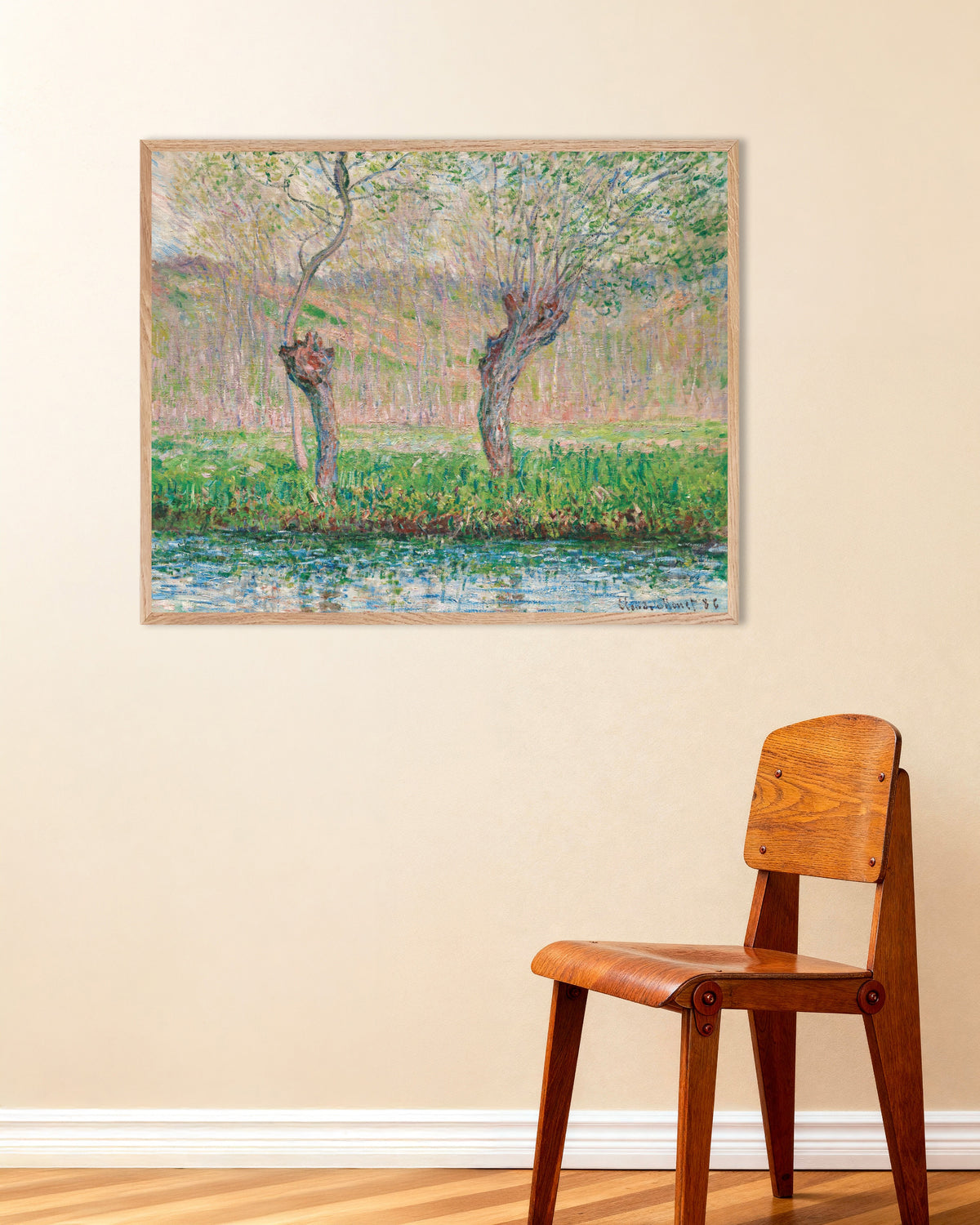 Poster of Spring, Willows (1885) by Claude Monet, with natural wooden frame
