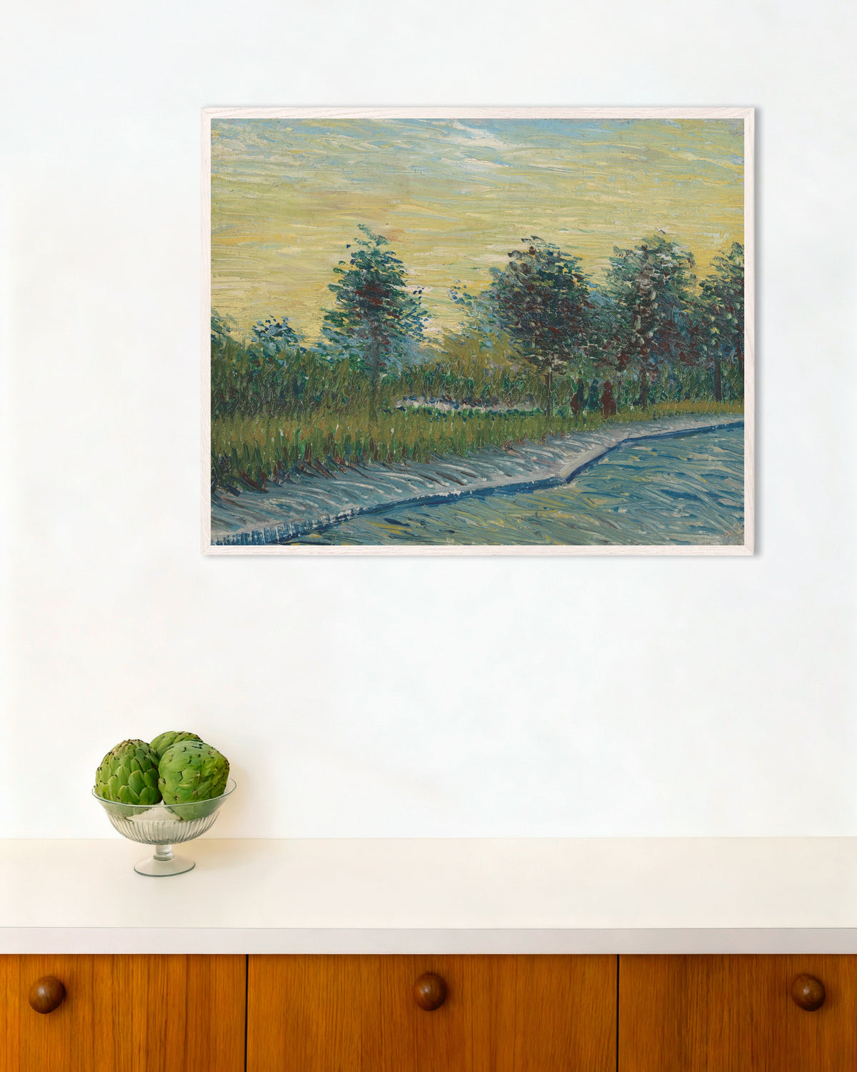 Poster of Square Saint-Pierre at Sunset (1887) by Vincent van Gogh, with white wooden frame