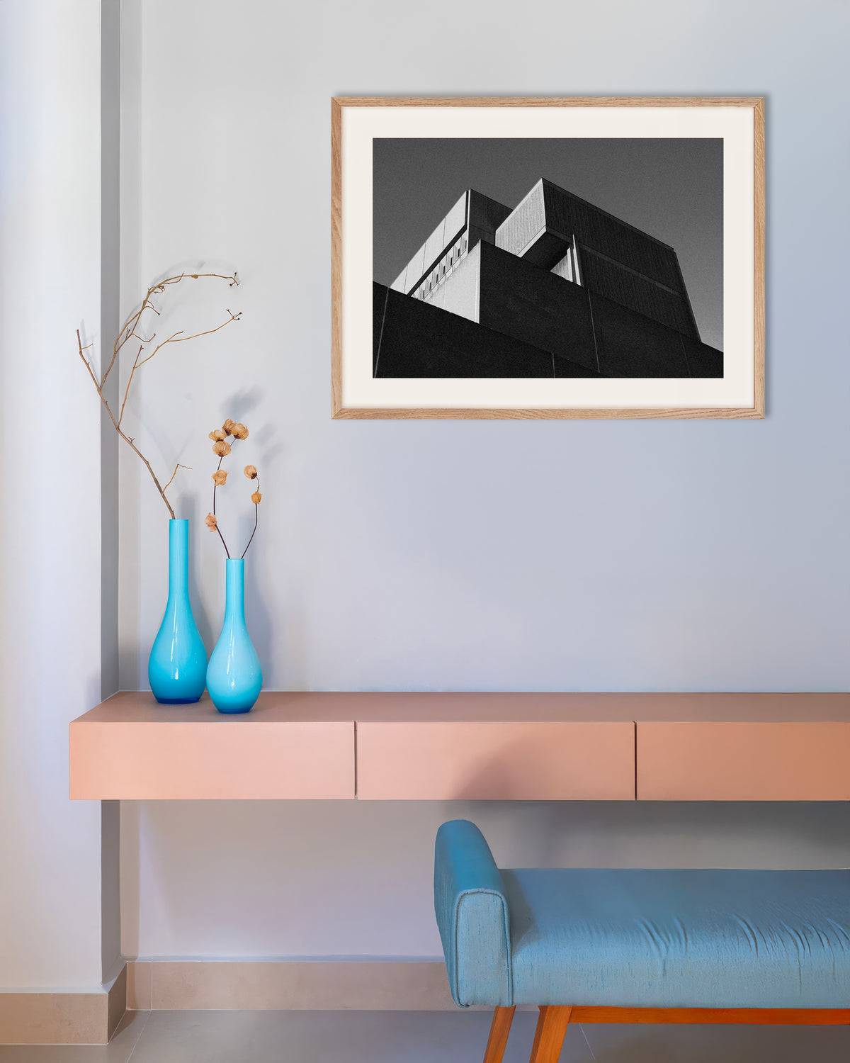 Poster of Stepped Blocks at Dusk, with natural wooden frame