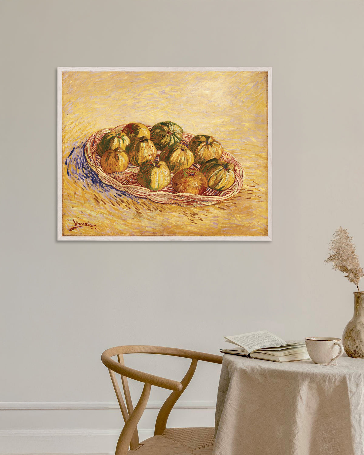 Poster of Still Life with Basket of Apples (1887) by Vincent van Gogh, with white wooden frame