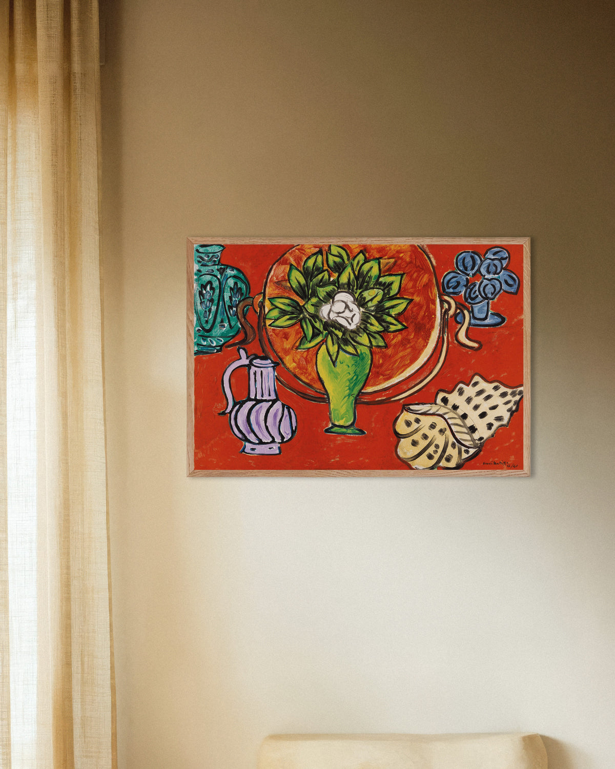 Poster of Still Life with Magnolia (1941) by Henri Matisse, with natural wooden frame