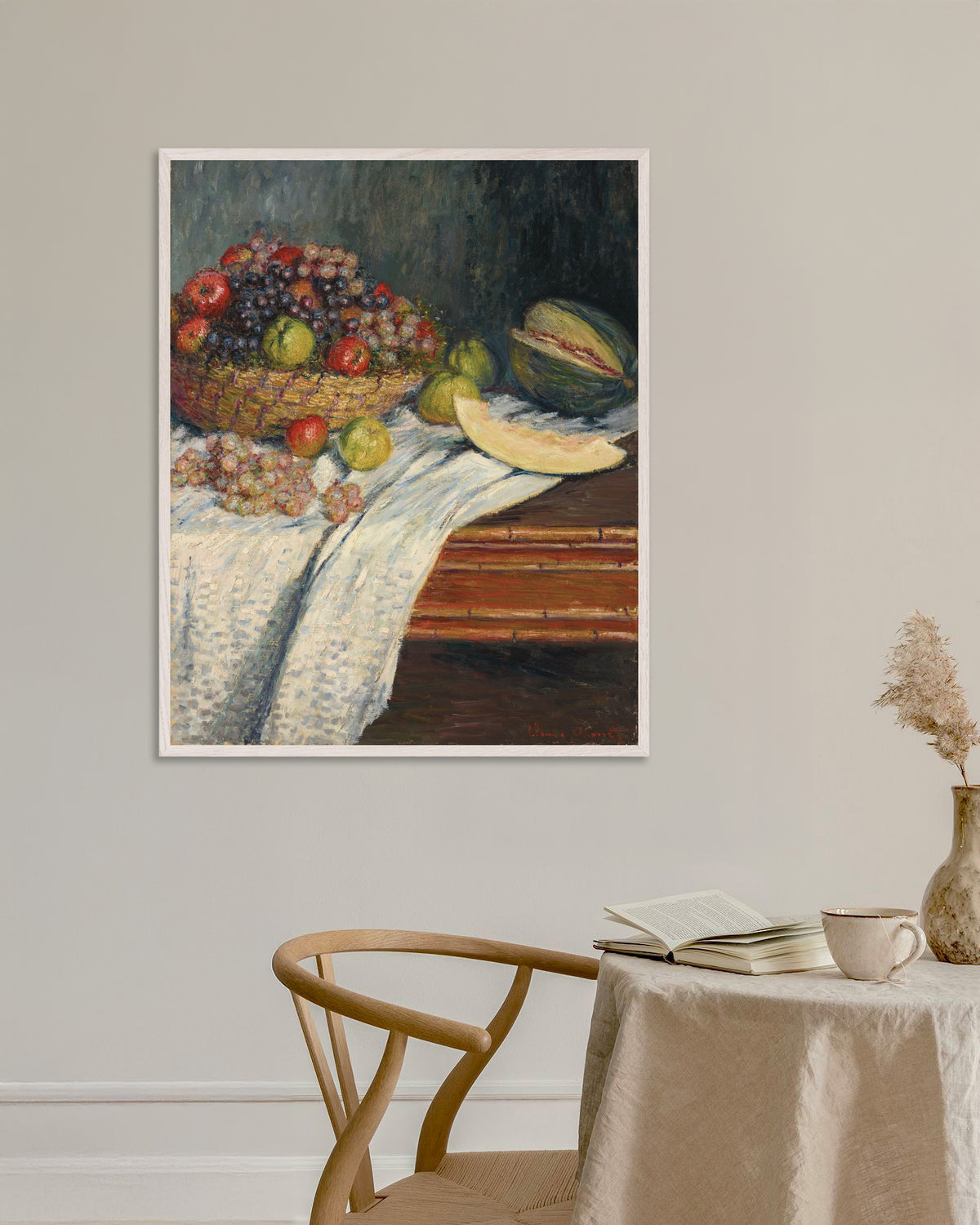 Poster of Still Life with Melon (1879) by Claude Monet, with white wooden frame