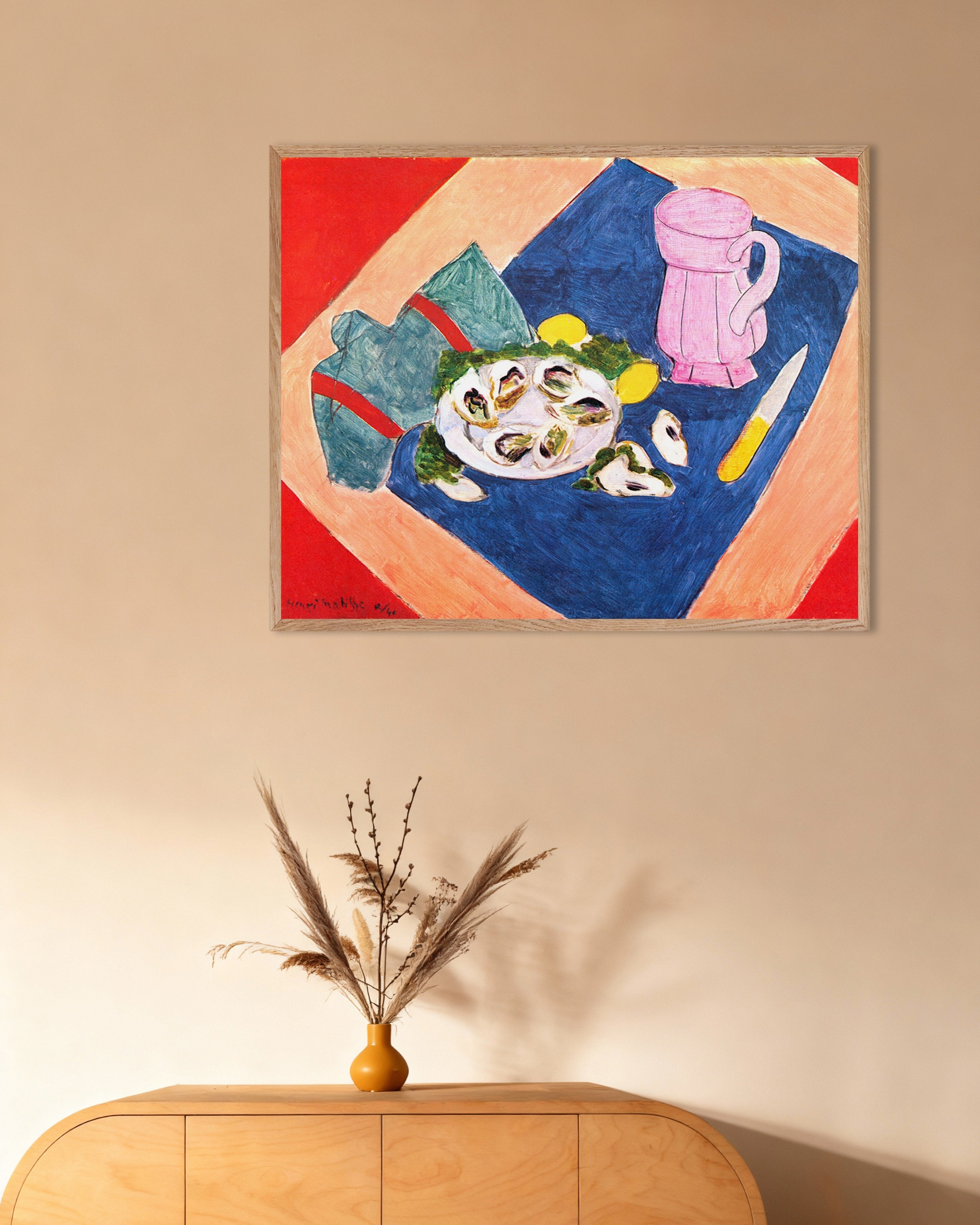 Poster of Still life with oysters (1940) by Henri Matisse, with natural wooden frame