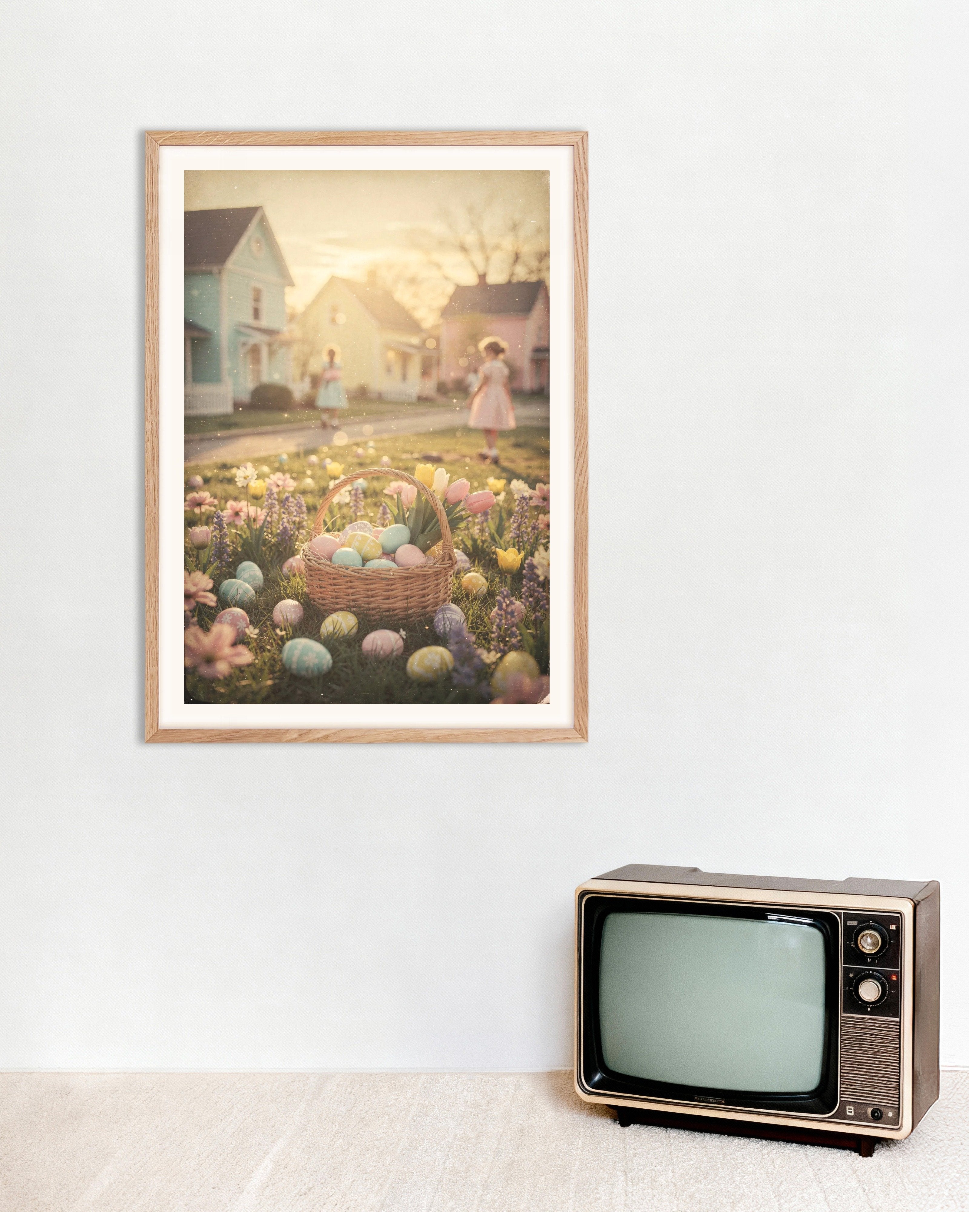 Poster of Sunlit Easter Basket in Spring Blossoms, with natural wooden frame