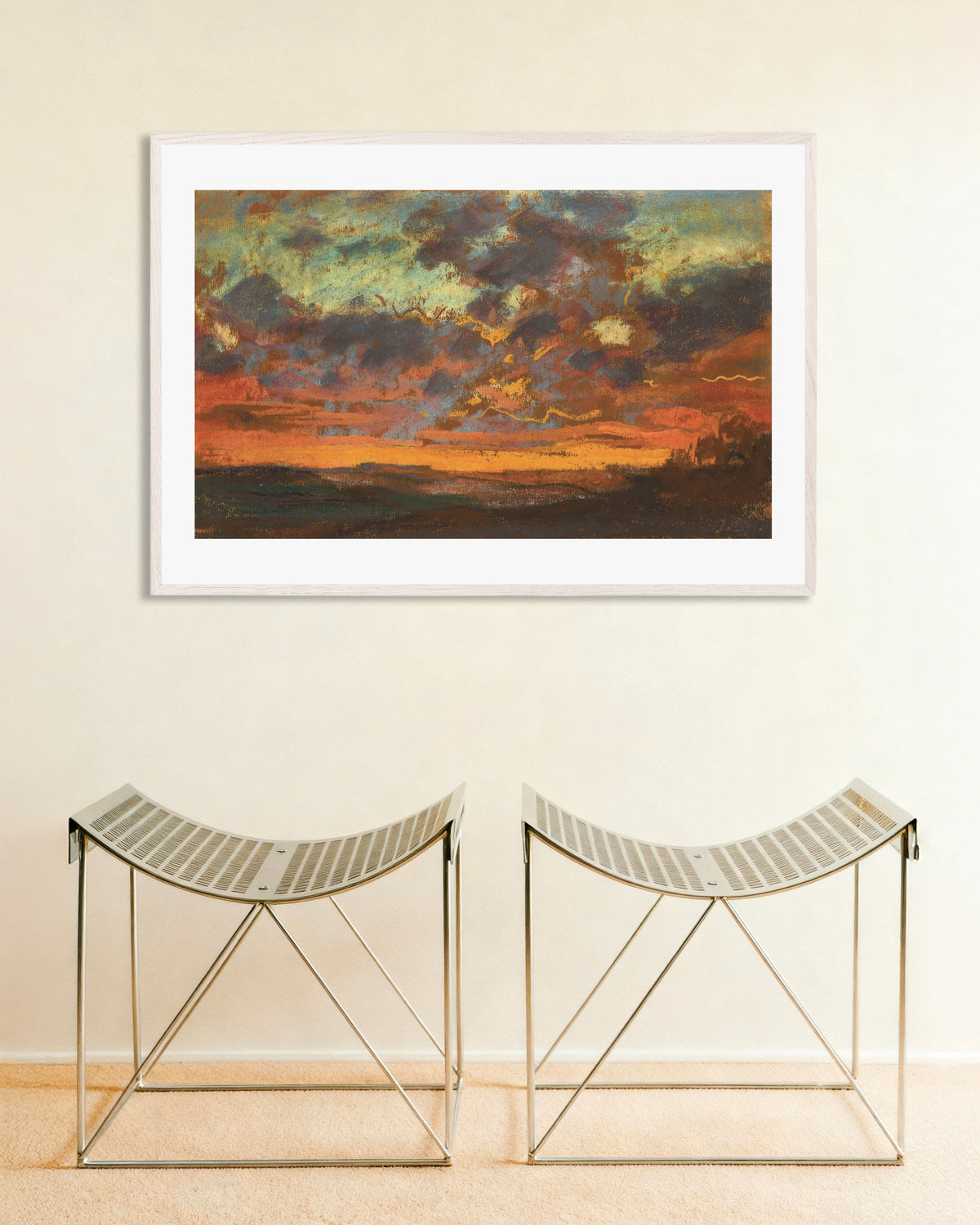 Poster of Sunset (c. 1868) by Claude Monet, with white wooden frame