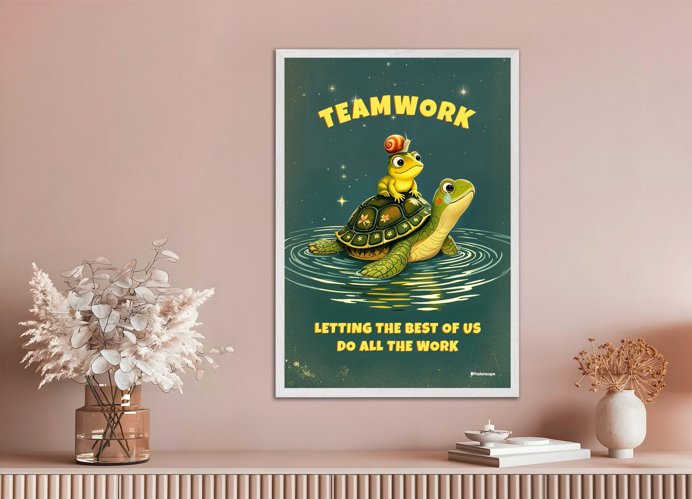 Poster of Teamwork Demotivational Poster, with white wooden frame