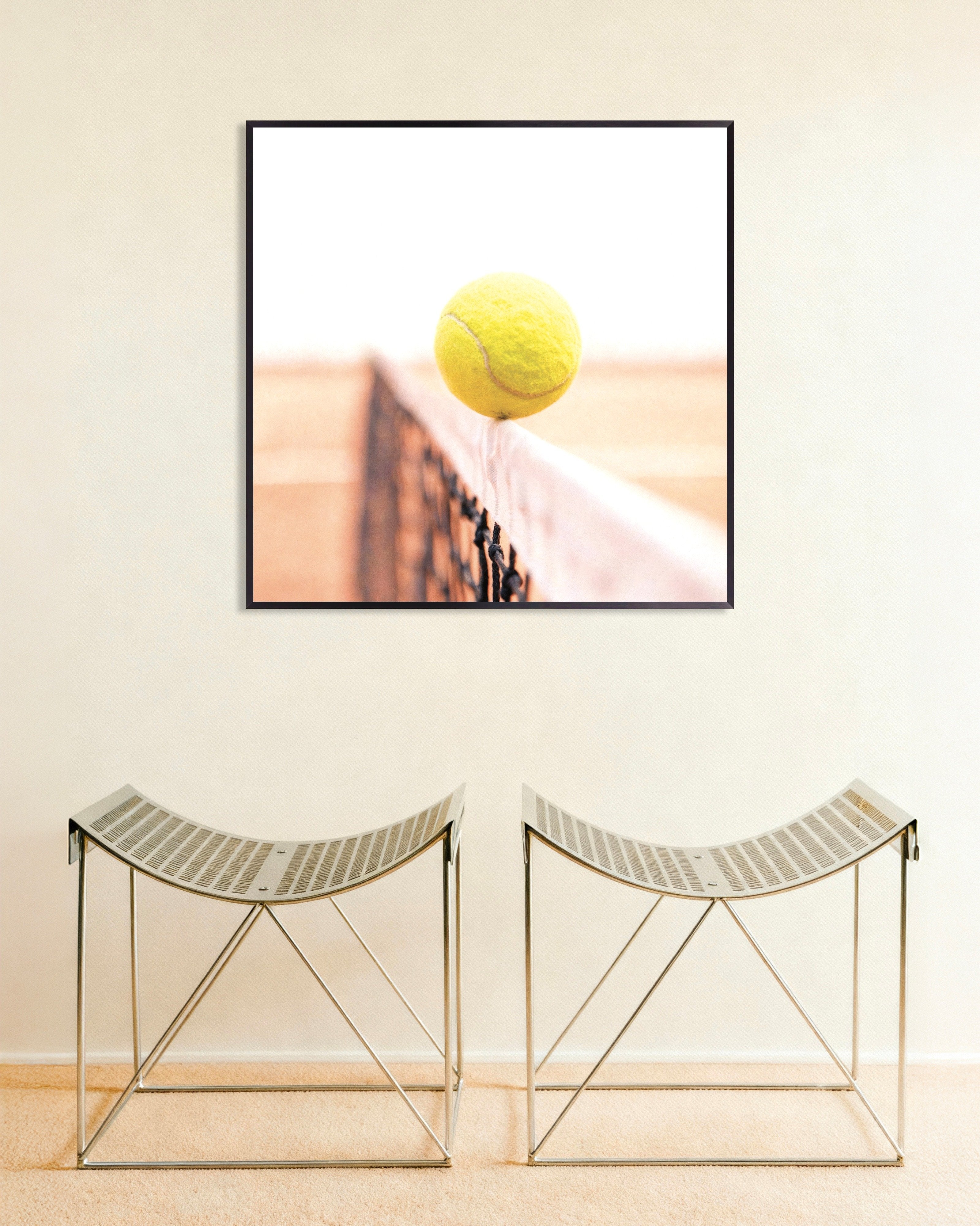 Poster of Tennis ball on net poster – minimal sports photography print, with metal frame