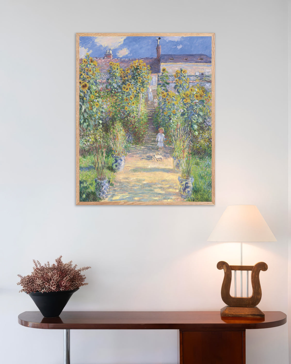 Poster of The Artist's Garden at Vétheuil (1881) by Claude Monet, with natural wooden frame