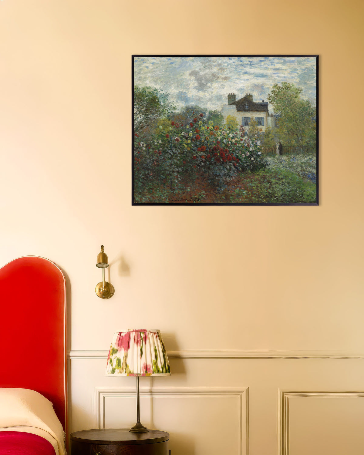 Poster of The Artist's Garden in Argenteuil, a Corner with Dahlias (1873) by Claude Monet, with metal frame
