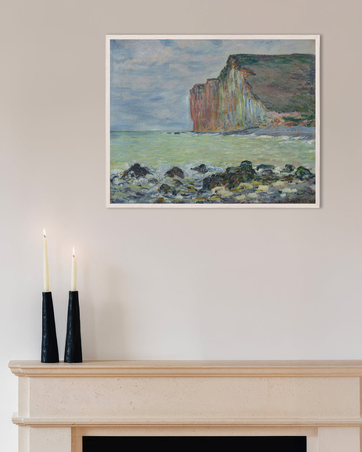 Poster of The Cliff at Petites-Dalles (1881) by Claude Monet, with white wooden frame