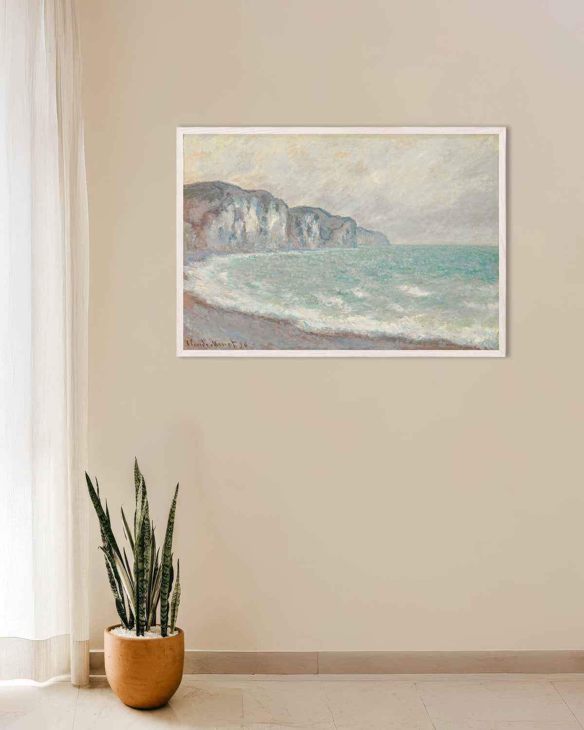 Poster of The Cliff at Pourville (1896) by Claude Monet, with white wooden frame