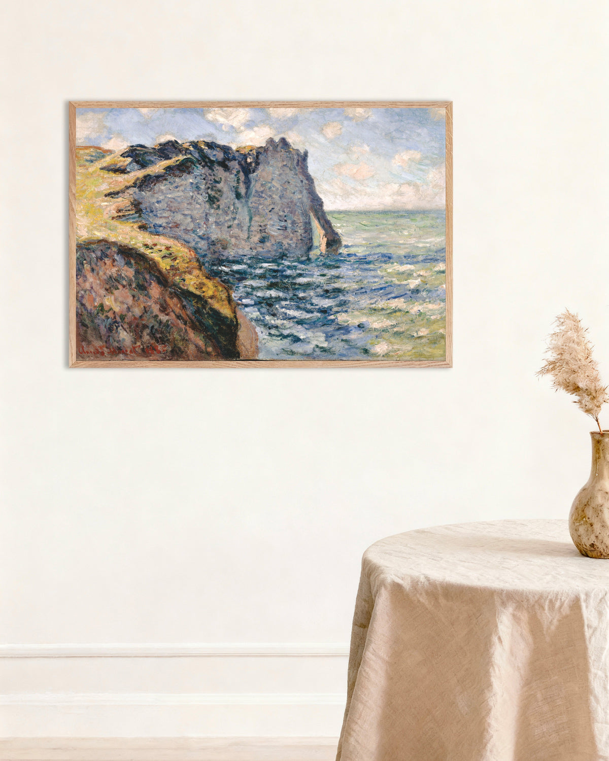 Poster of The Cliff of Aval, Étretat (1885) by Claude Monet, with natural wooden frame