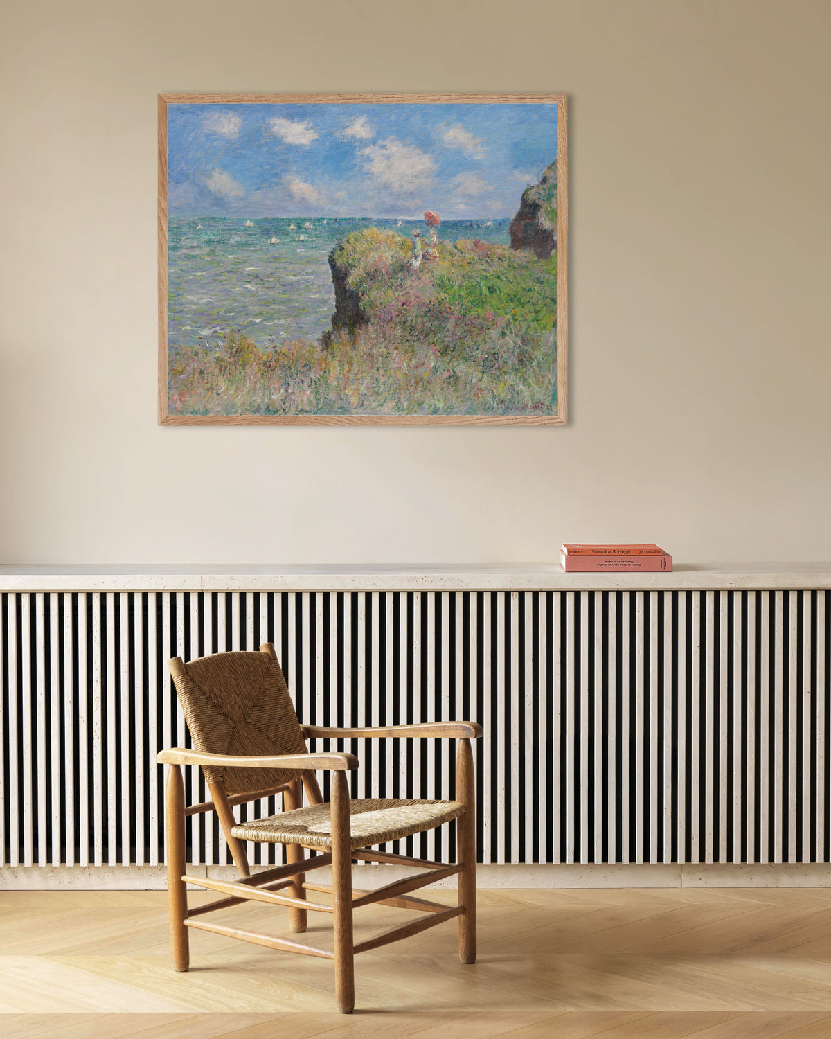 Poster of The Cliff Walk at Pourville (1882) by Claude Monet, with natural wooden frame