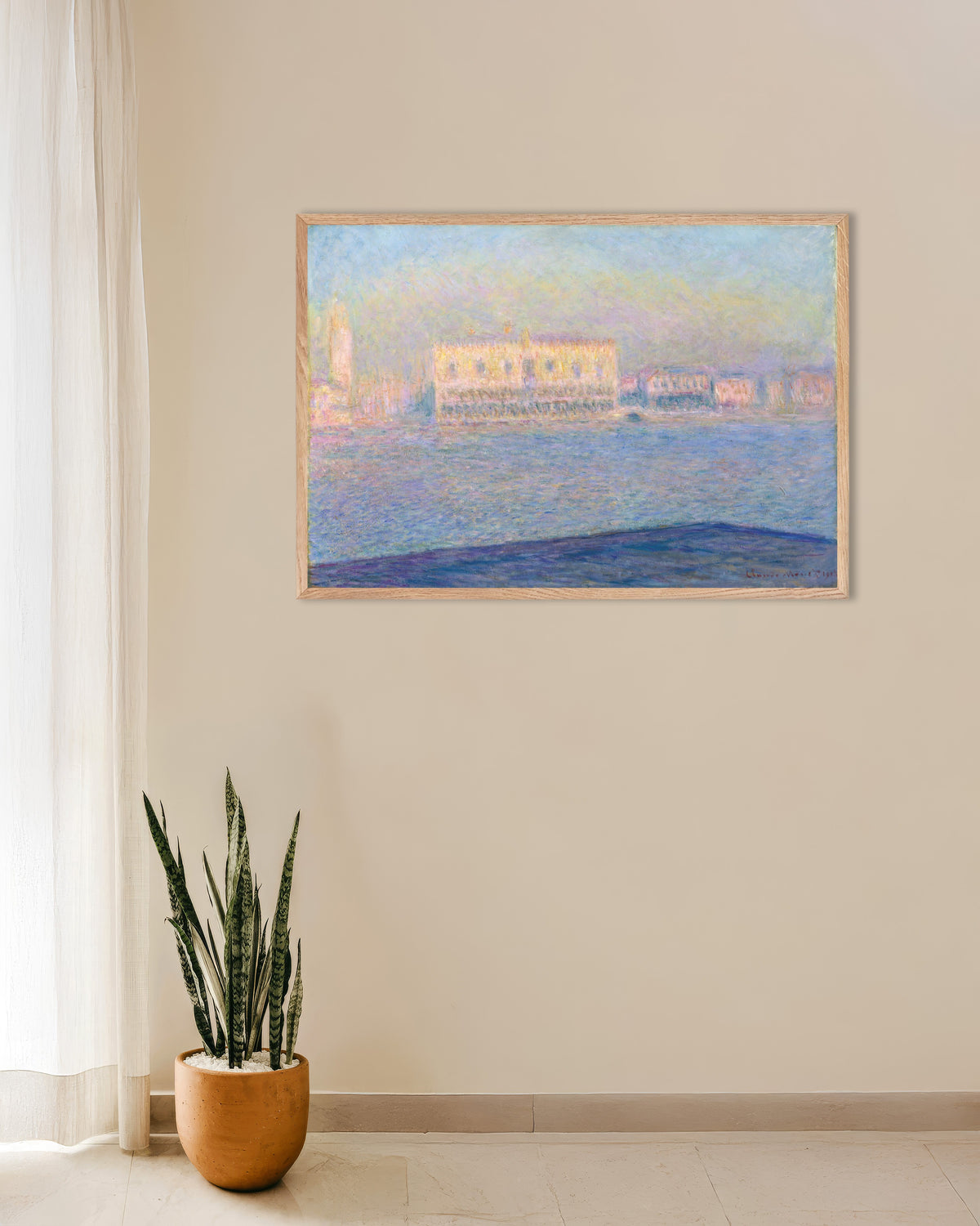 Poster of The Doge's Palace Seen from San Giorgio Maggiore (1908) by Claude Monet, with natural wooden frame