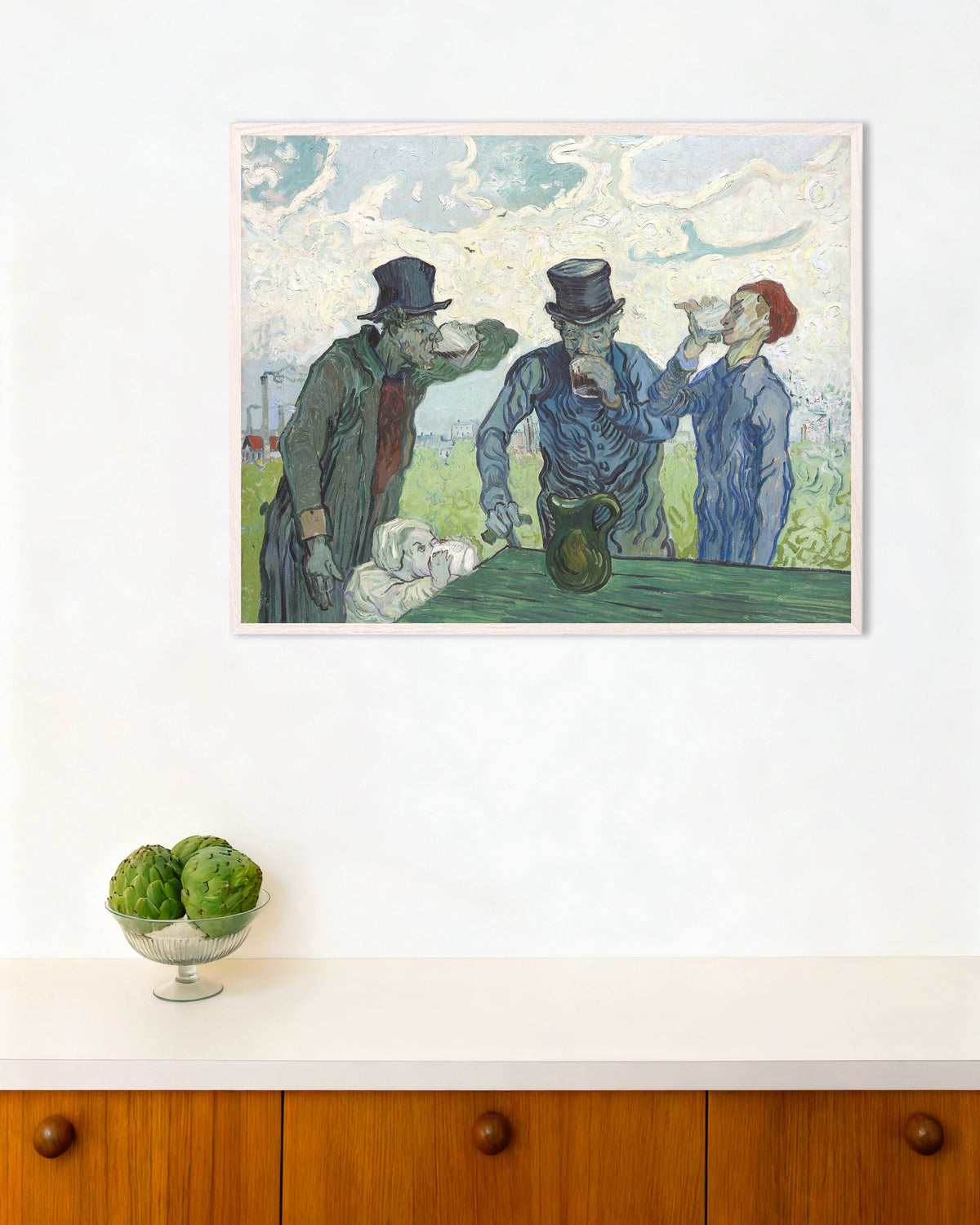 Poster of The Drinkers, after Daumier (1890) by Vincent van Gogh, with white wooden frame