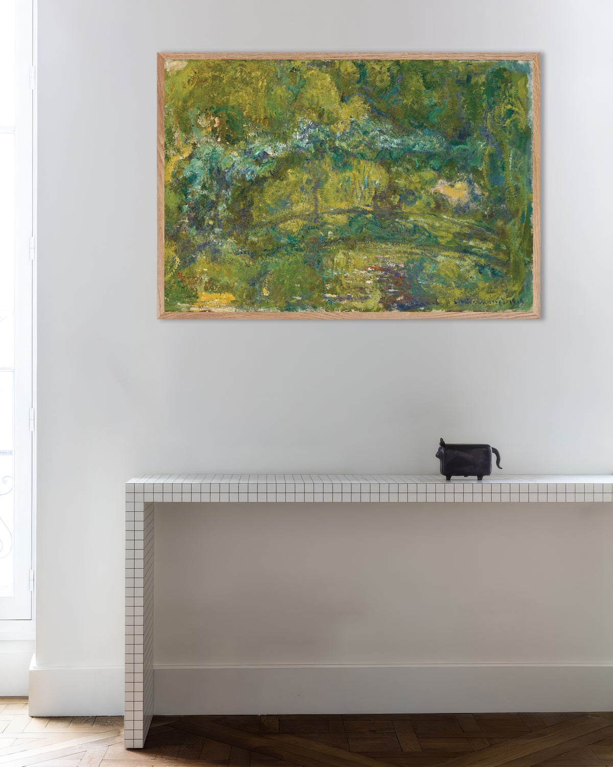 Poster of The Footbridge over the Water-Lily Pond (1919) by Claude Monet, with natural wooden frame