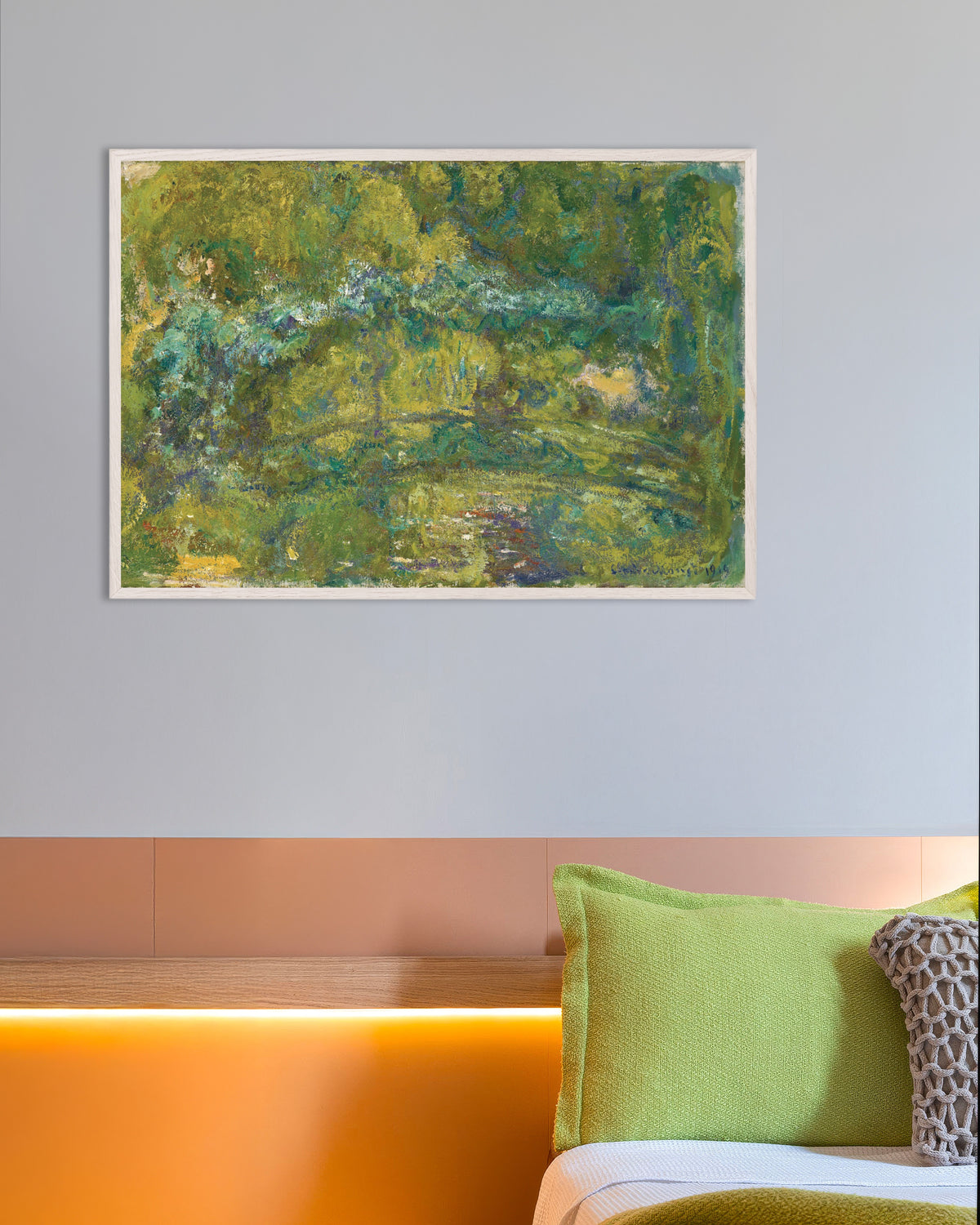 Poster of The Footbridge over the Water-Lily Pond (1919) by Claude Monet, with white wooden frame