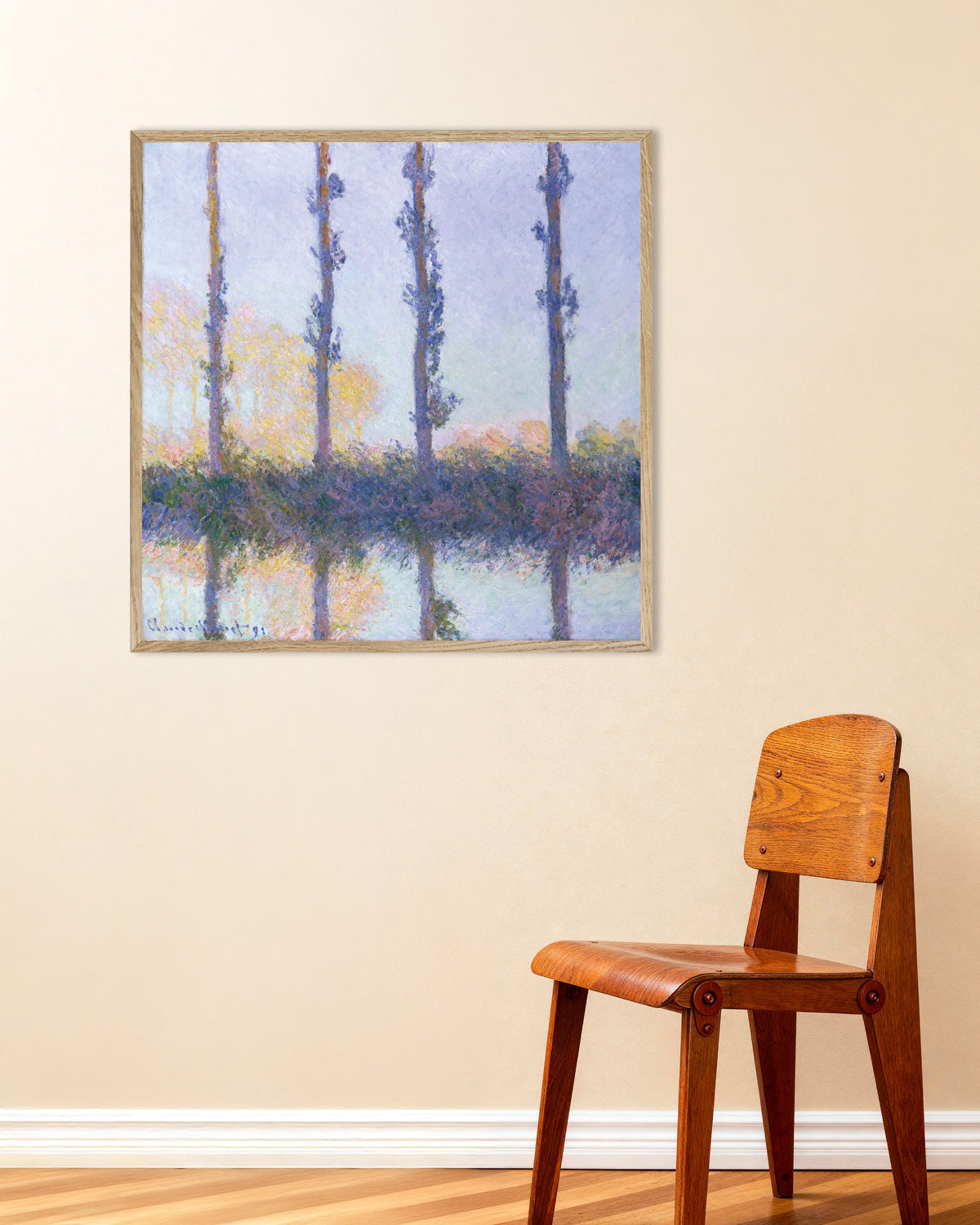 Poster of The Four Trees (1891) by Claude Monet, with natural wooden frame