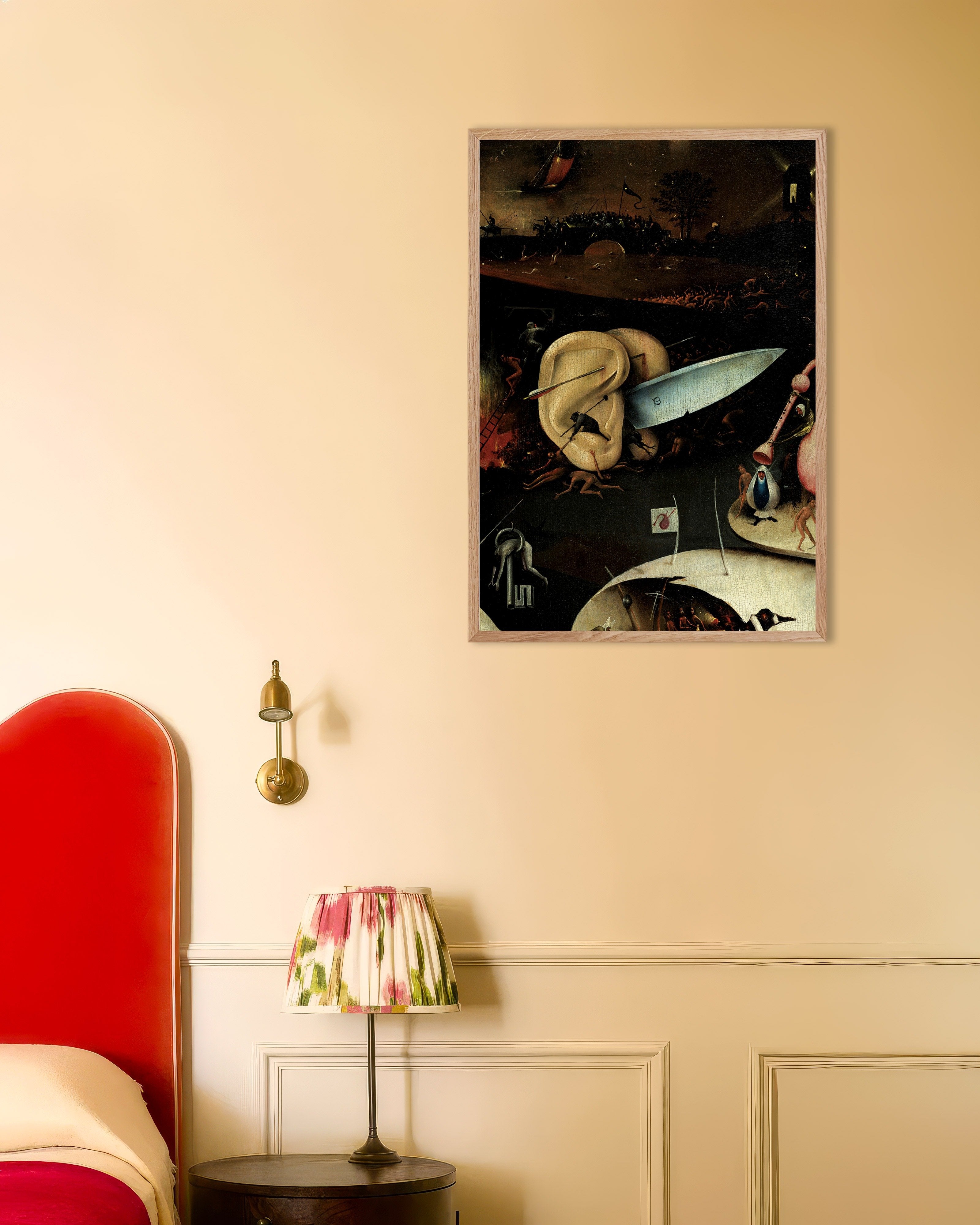 Poster of The giant ears and knife - Detail from The Garden of Earthly Delights, with natural wooden frame