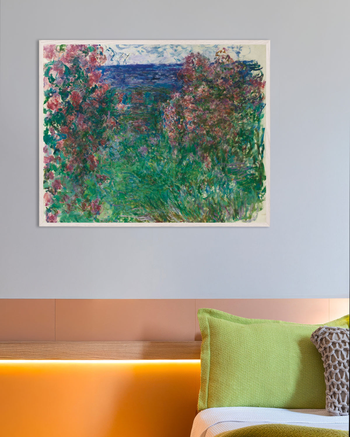 Poster of The House among the Roses (c. 1925) by Claude Monet, with white wooden frame