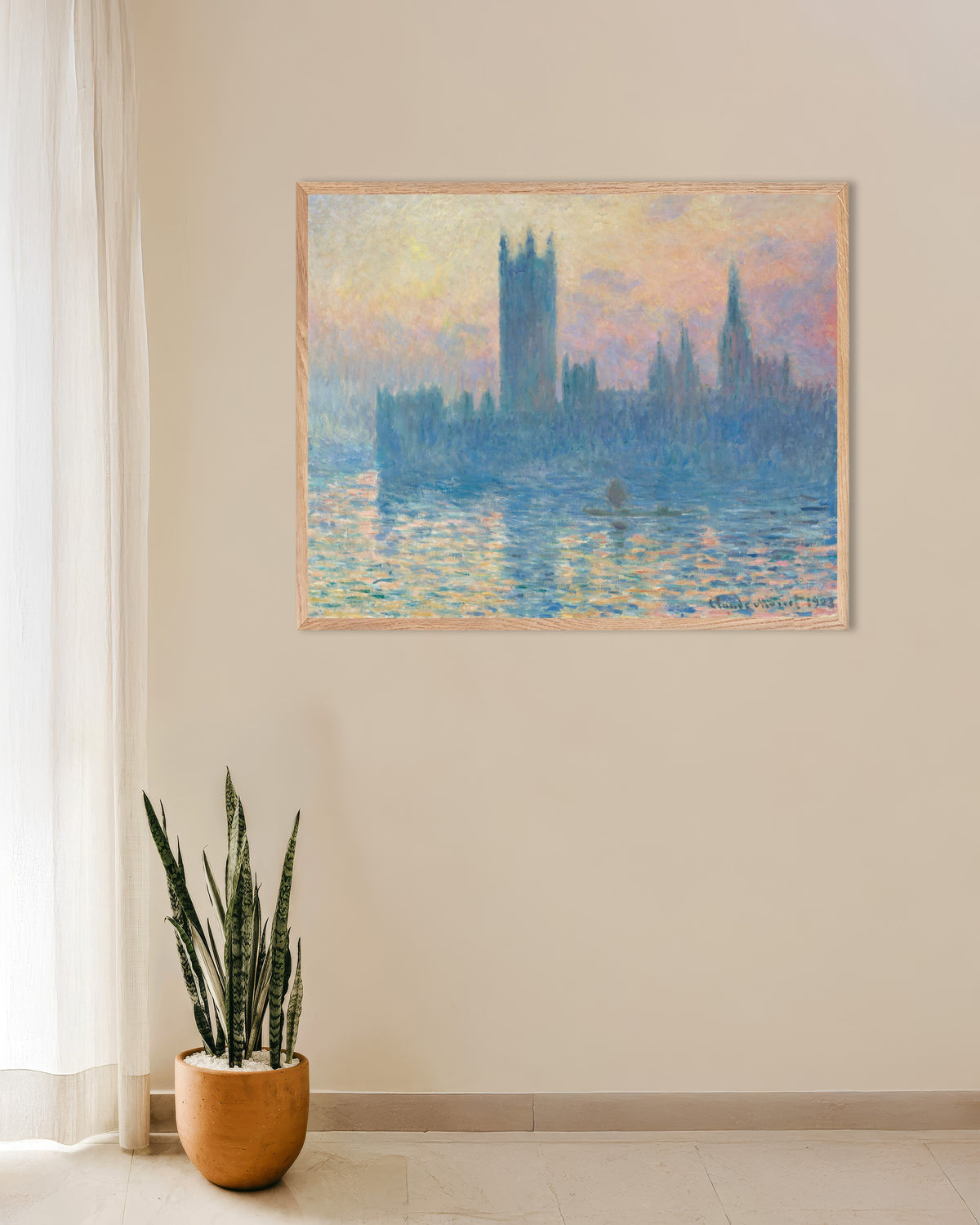 Poster of The Houses of Parliament, Sunset (1903) by Claude Monet, with natural wooden frame