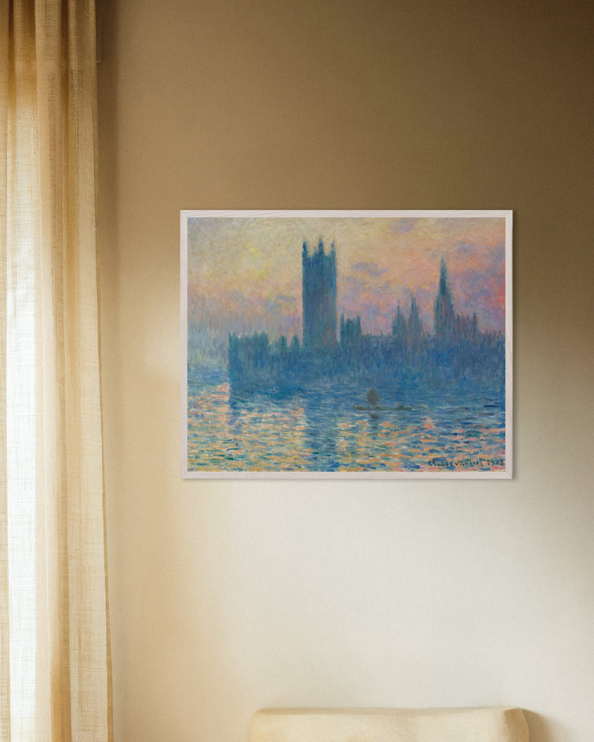 Poster of The Houses of Parliament, Sunset (1903) by Claude Monet, with white wooden frame