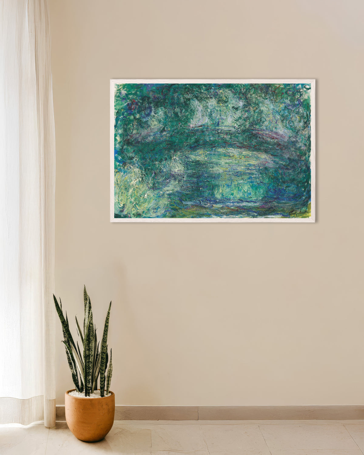 Poster of The Japanese Bridge (1918–1924) by Claude Monet, with white wooden frame