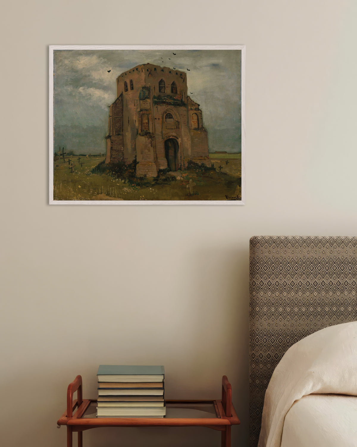 Poster of The Old Church Tower at Nuenen (1885) by Vincent van Gogh, with white wooden frame