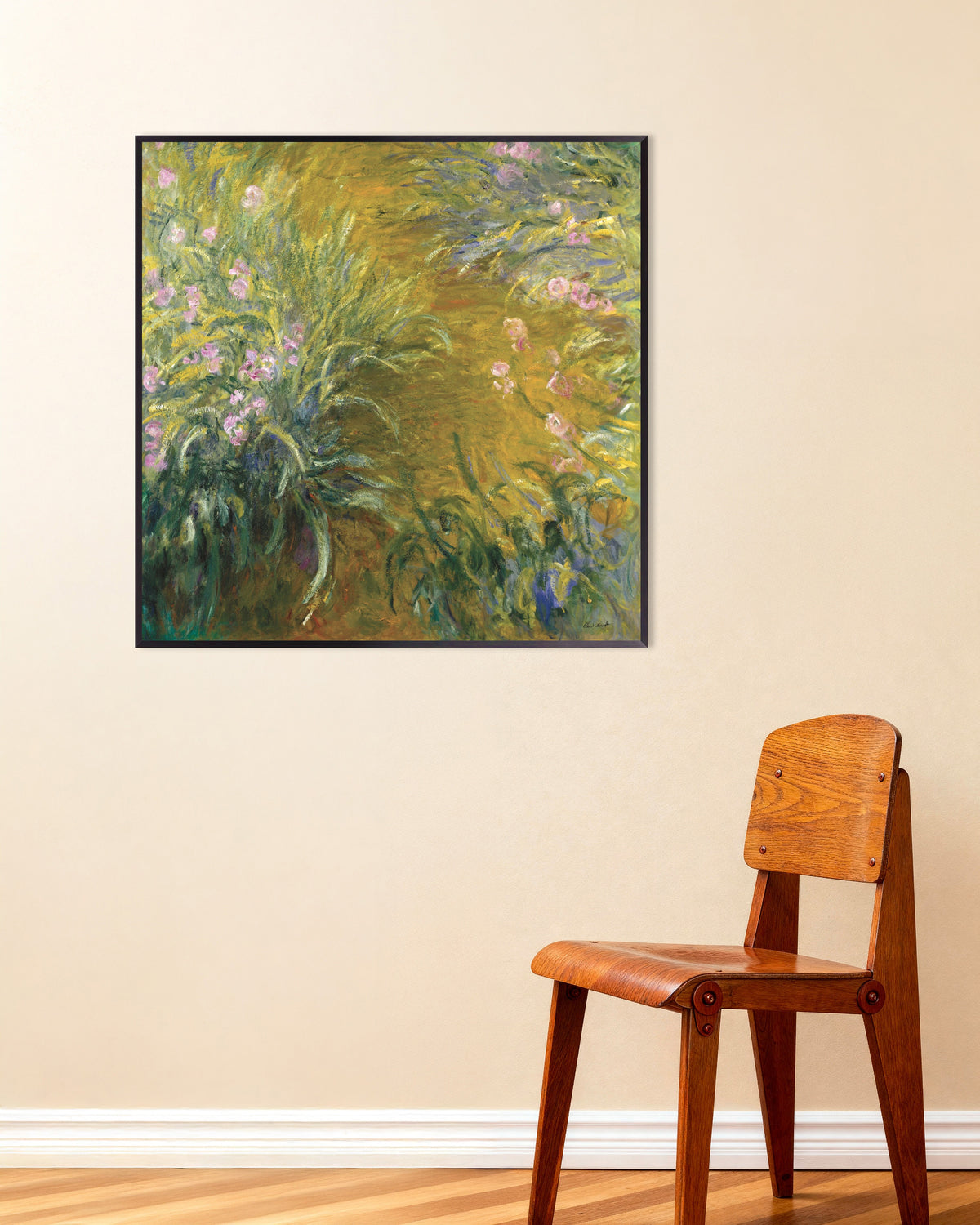 Poster of The Path through the Irises (1914–1917) by Claude Monet, with metal frame