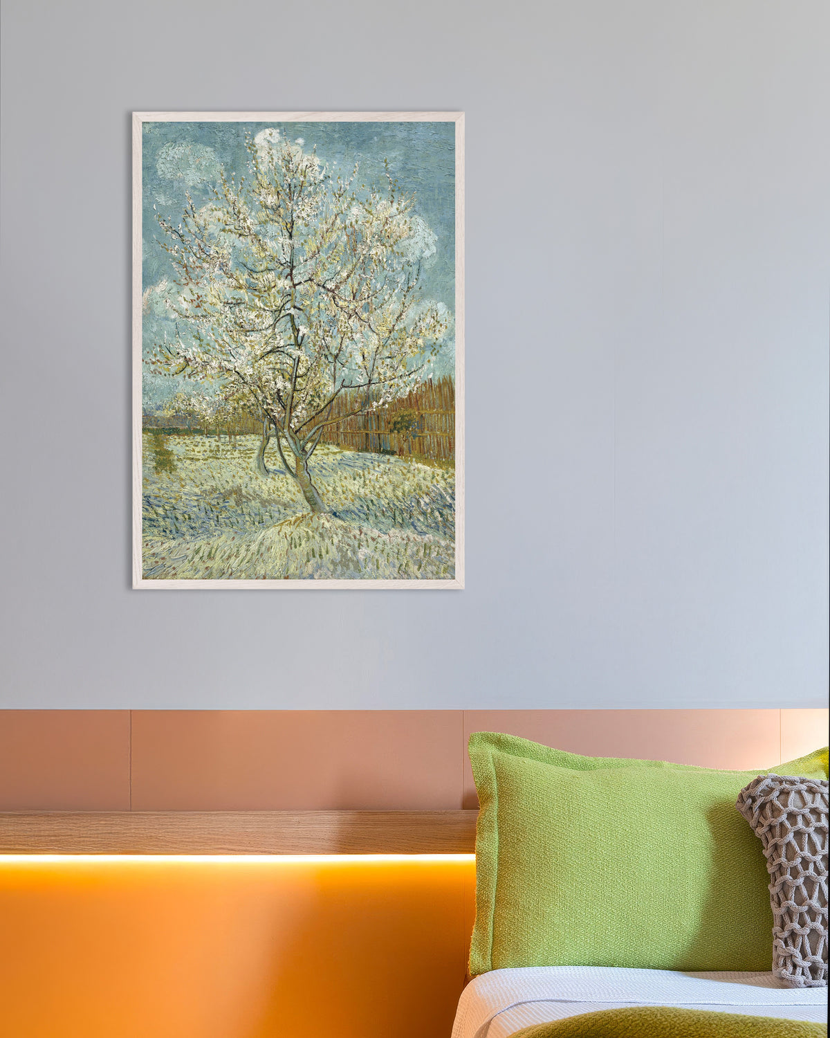 Poster of The Pink Peach Tree (1888) by Vincent van Gogh, with white wooden frame