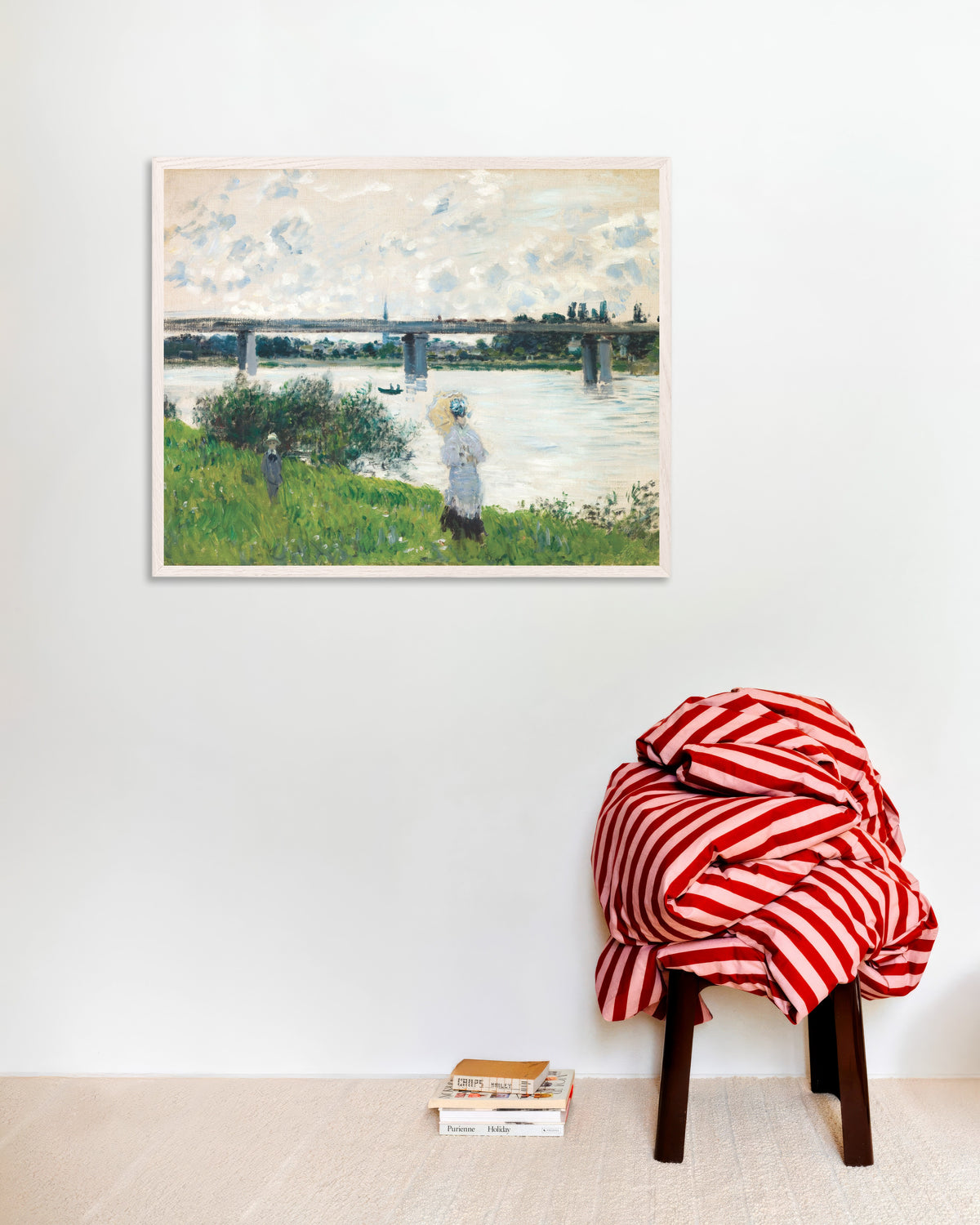 Poster of The Promenade with the Railroad Bridge, Argenteuil (1874) by Claude Monet, with white wooden frame