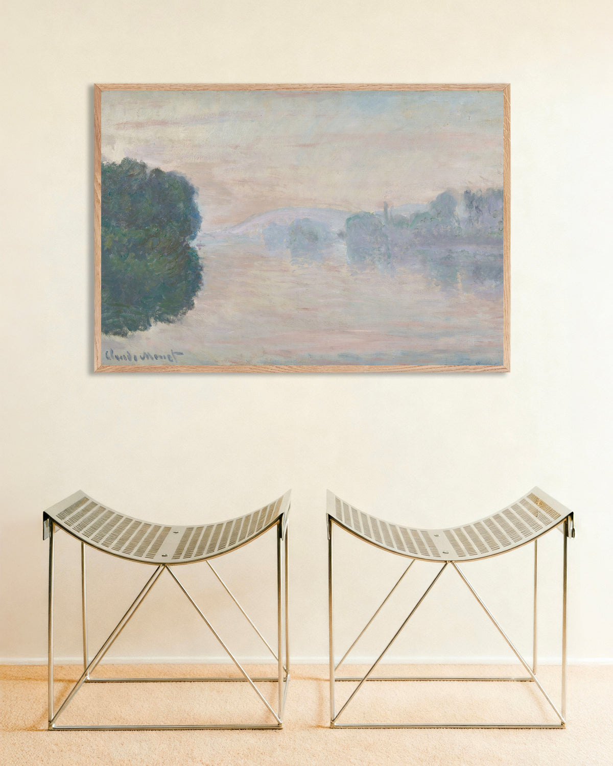 Poster of The Seine in the Mist (1894) by Claude Monet, with natural wooden frame
