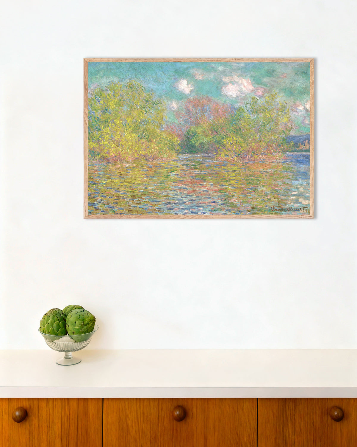 Poster of The Seine near Giverny (1888) by Claude Monet, with natural wooden frame