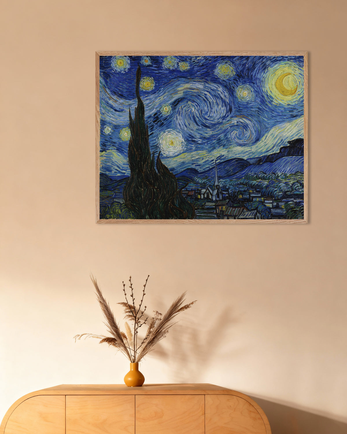 Poster of The Starry Night (1889) by Vincent van Gogh, with natural wooden frame