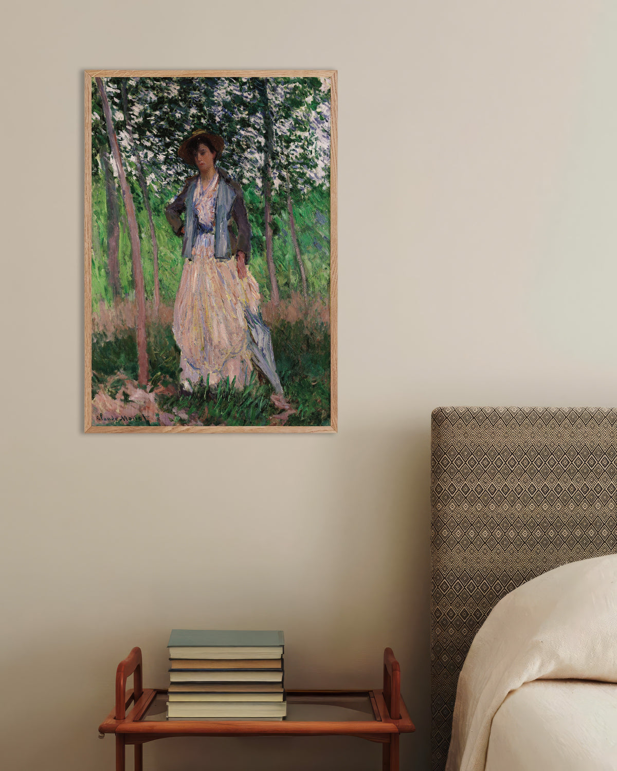 Poster of The Stroller, Suzanne Hoschedé (1887) by Claude Monet, with natural wooden frame