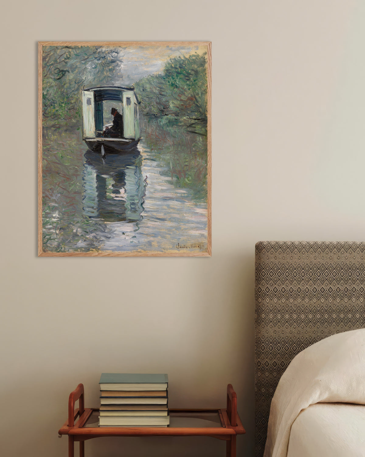 Poster of The Studio Boat (1876) by Claude Monet, with natural wooden frame
