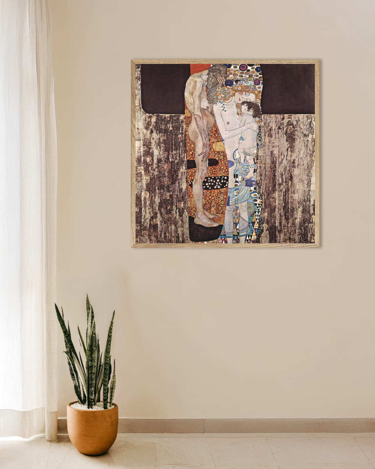 Poster of The Three Ages of Woman (1905) by Gustav Klimt, with natural wooden frame