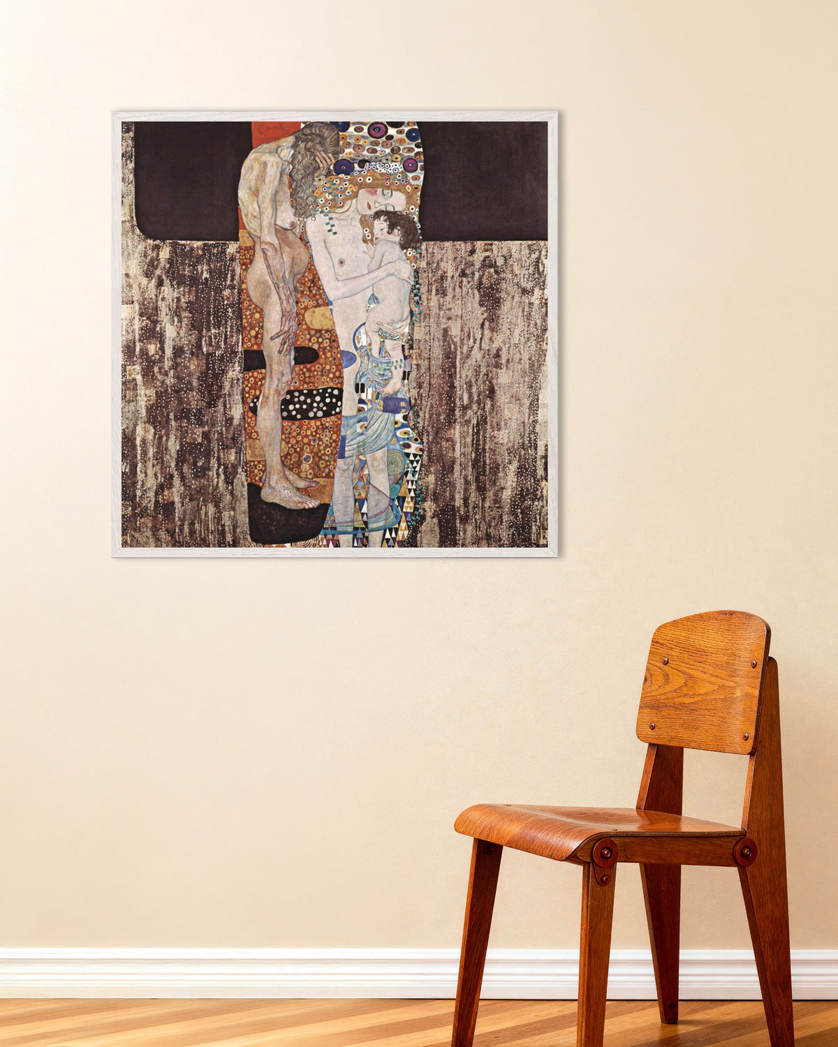 Poster of The Three Ages of Woman (1905) by Gustav Klimt, with white wooden frame