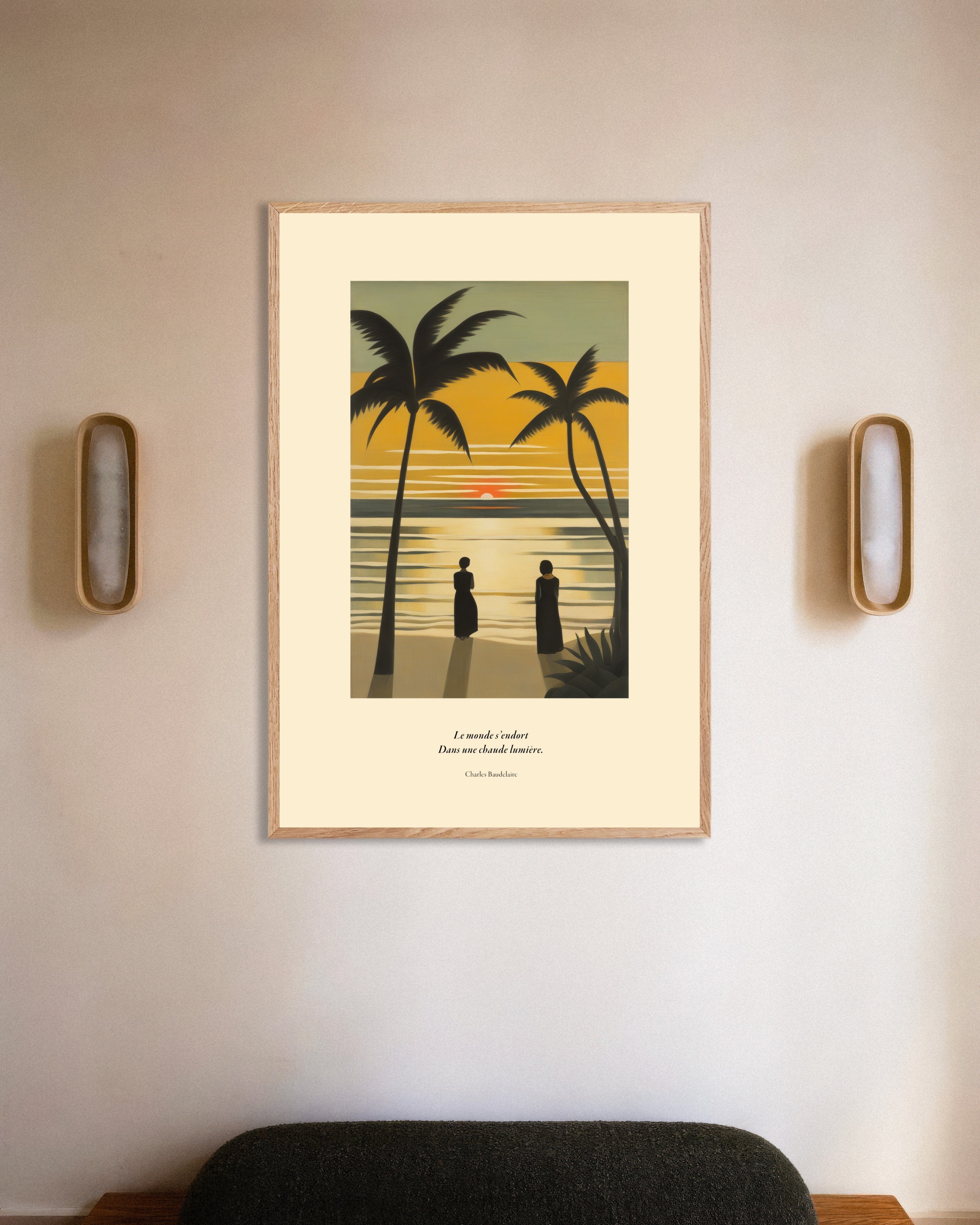 Poster of The world falls asleep in a warm light, Baudelaire, french, with natural wooden frame