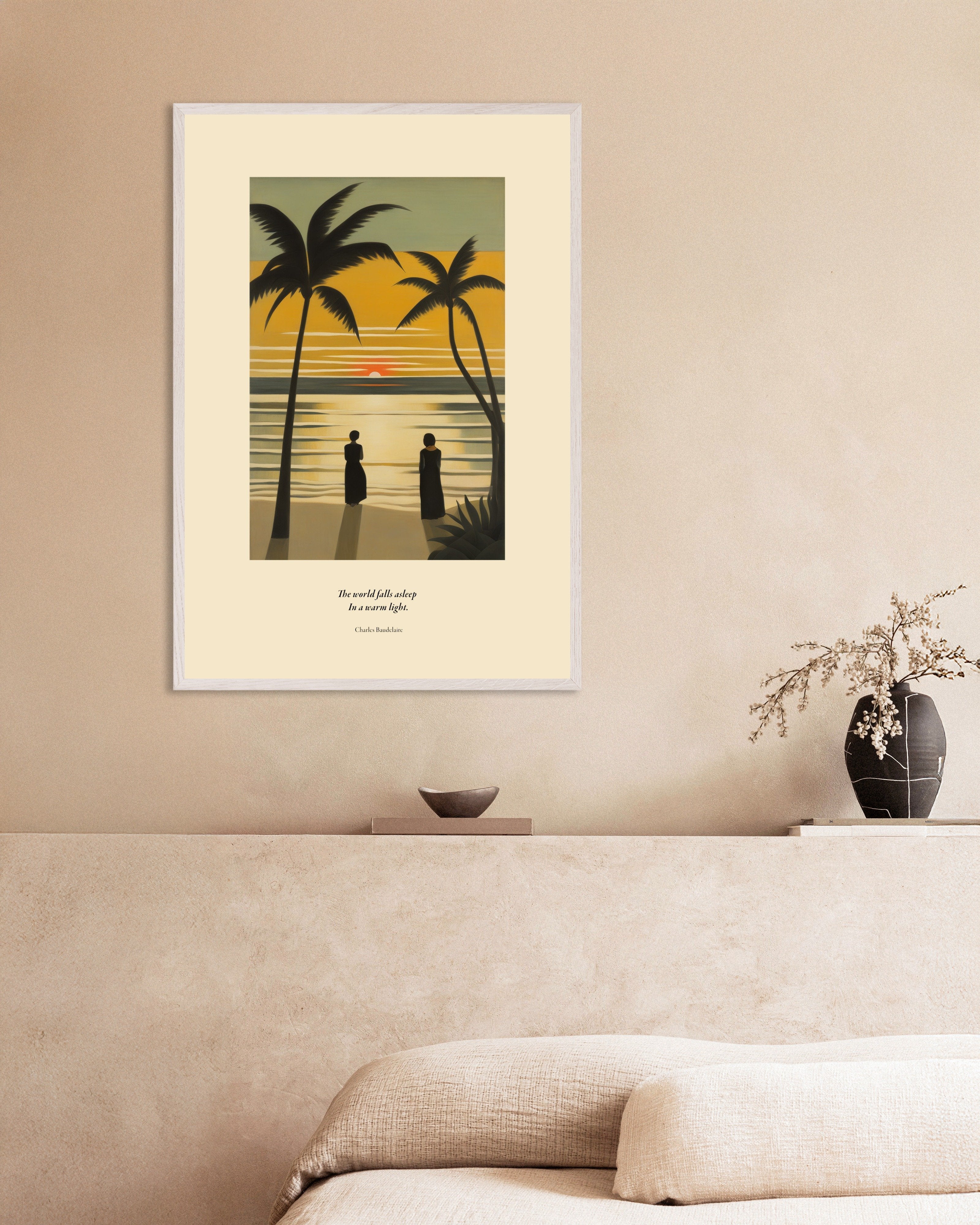 Poster of The world falls asleep in a warm light, Baudelaire, with white wooden frame