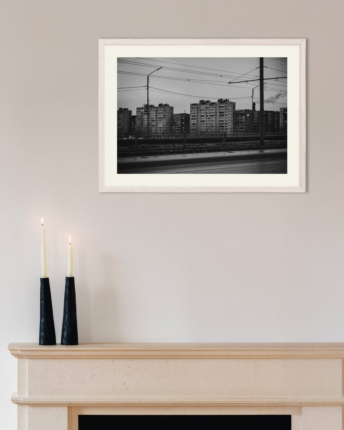 Poster of Tower Blocks Beyond the Tram Wires, with white wooden frame